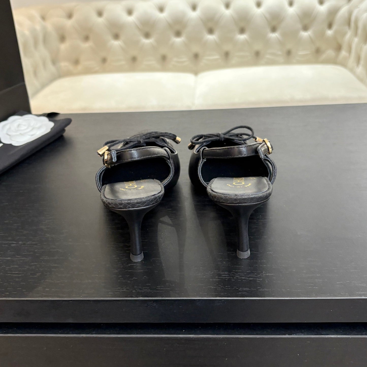 HIGH HEEL SLINGBACKS 65 MM IN BLACK WITH SNAKESKIN PATTERN LAMBSKIN - 35