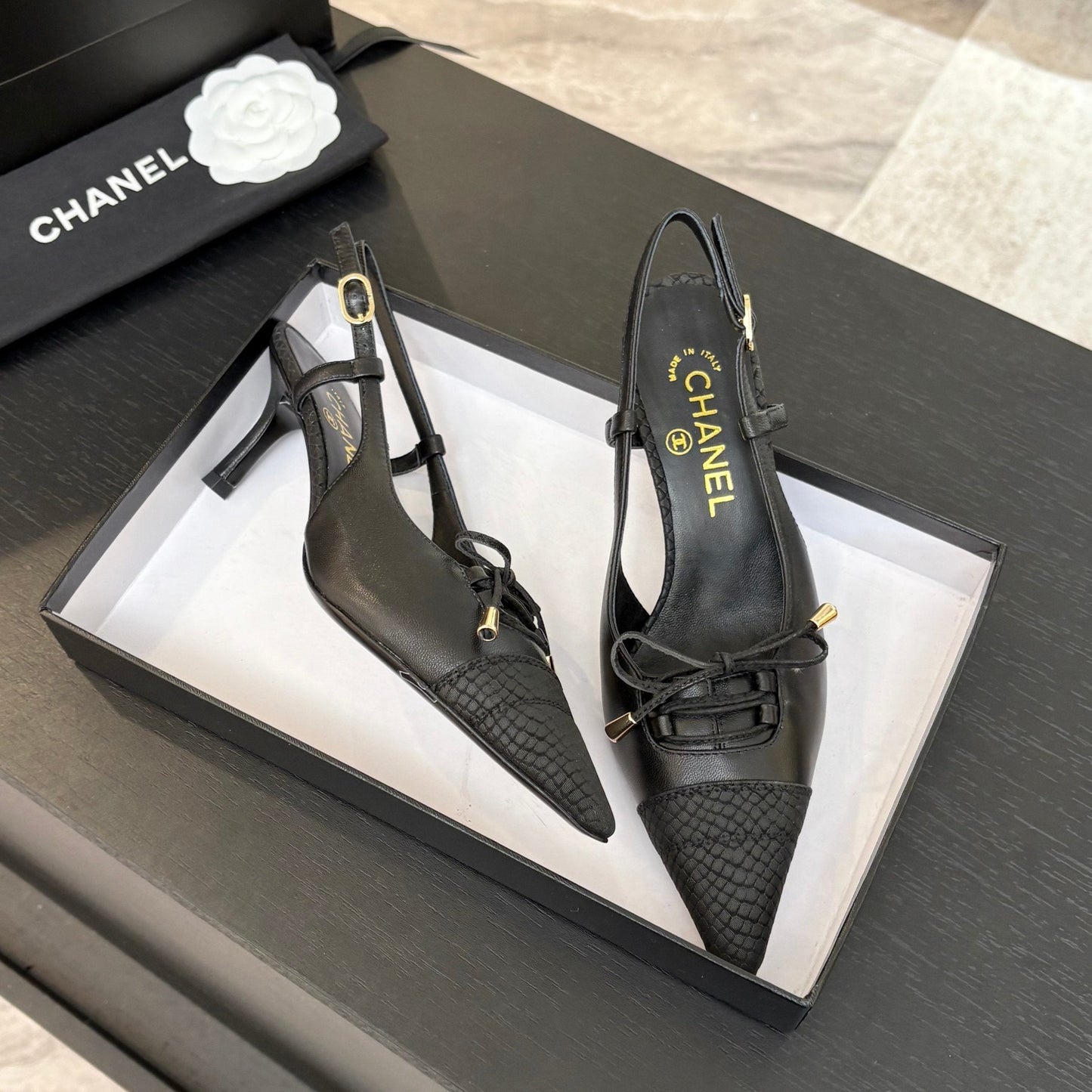 HIGH HEEL SLINGBACKS 65 MM IN BLACK WITH SNAKESKIN PATTERN LAMBSKIN - 35