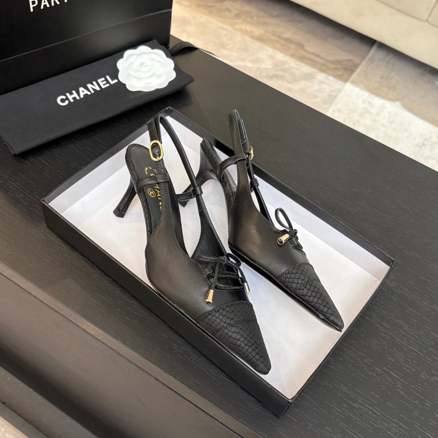 HIGH HEEL SLINGBACKS 65 MM IN BLACK WITH SNAKESKIN PATTERN LAMBSKIN - 35