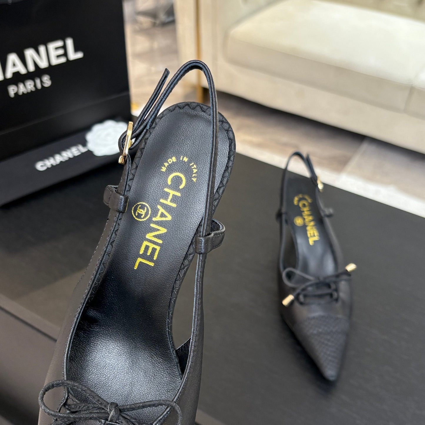 HIGH HEEL SLINGBACKS 65 MM IN BLACK WITH SNAKESKIN PATTERN LAMBSKIN - 35