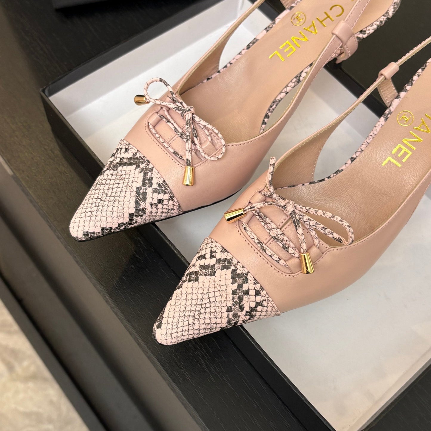 HIGH HEEL SLINGBACKS 65 MM IN BABY PINK WITH SNAKESKIN PATTERN LAMBSKIN - 35