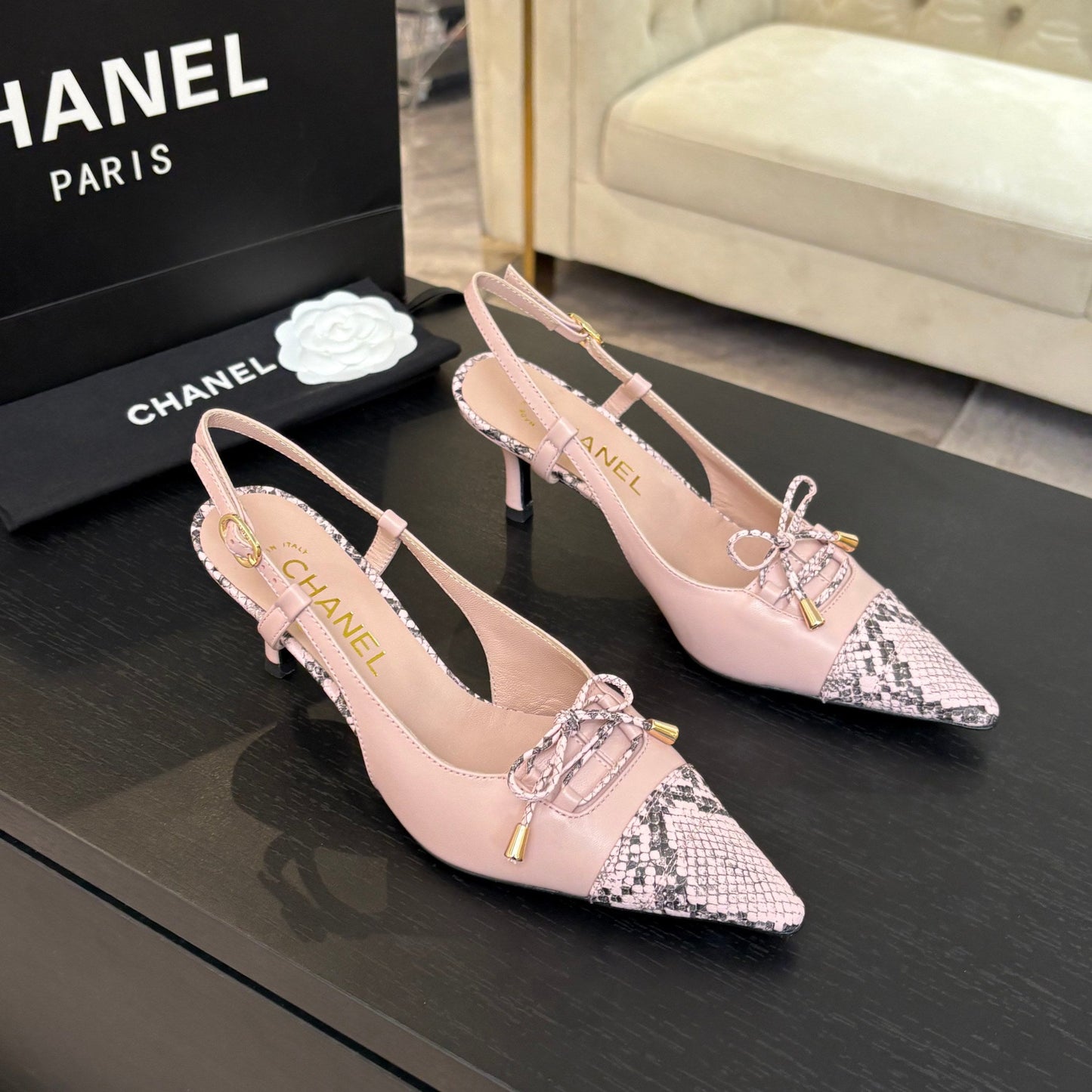 HIGH HEEL SLINGBACKS 65 MM IN BABY PINK WITH SNAKESKIN PATTERN LAMBSKIN - 35