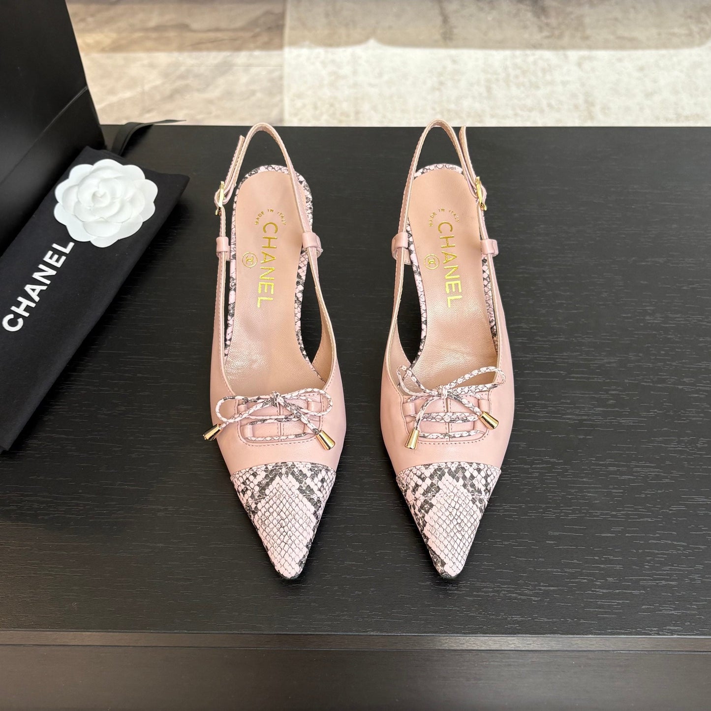 HIGH HEEL SLINGBACKS 65 MM IN BABY PINK WITH SNAKESKIN PATTERN LAMBSKIN - 35