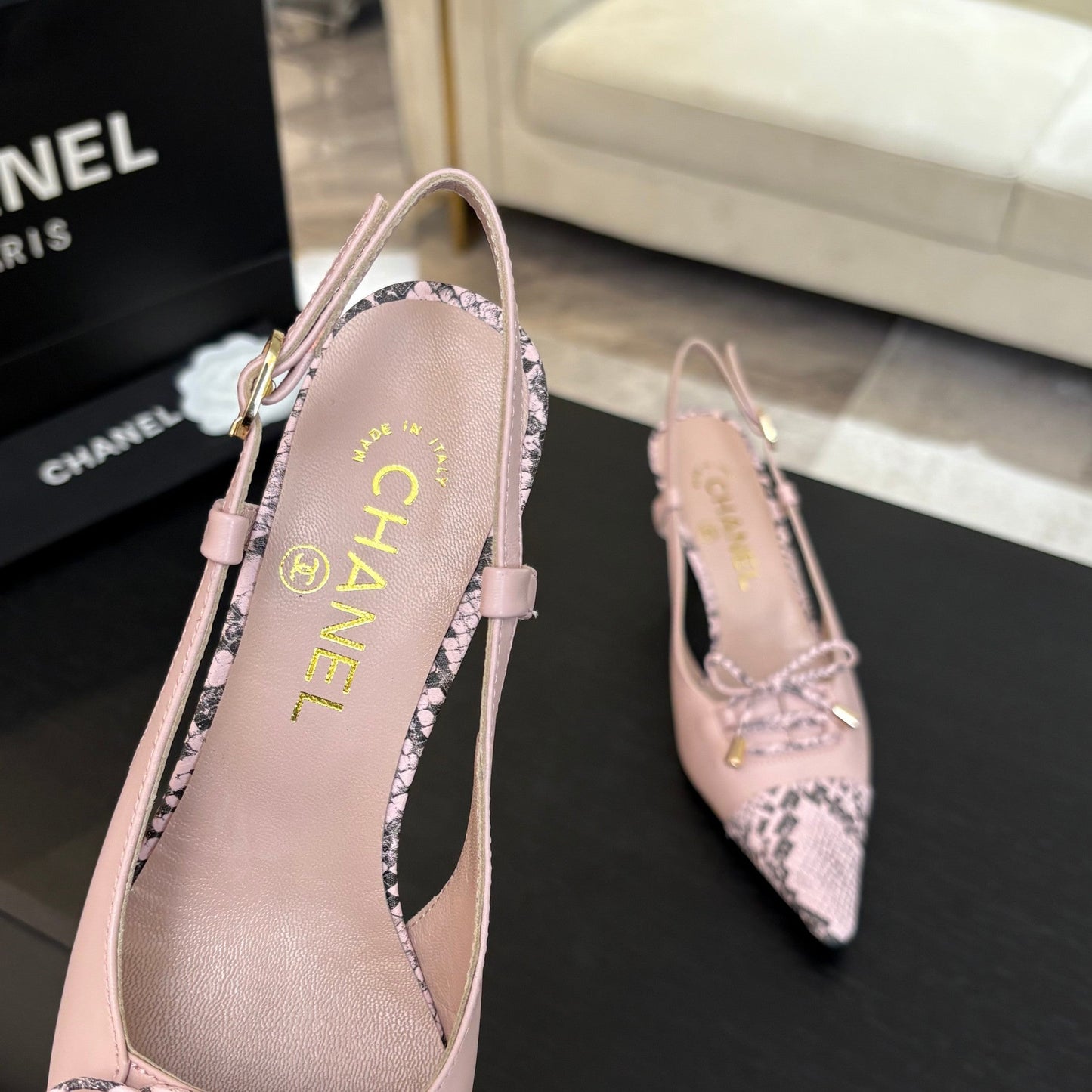 HIGH HEEL SLINGBACKS 65 MM IN BABY PINK WITH SNAKESKIN PATTERN LAMBSKIN - 35