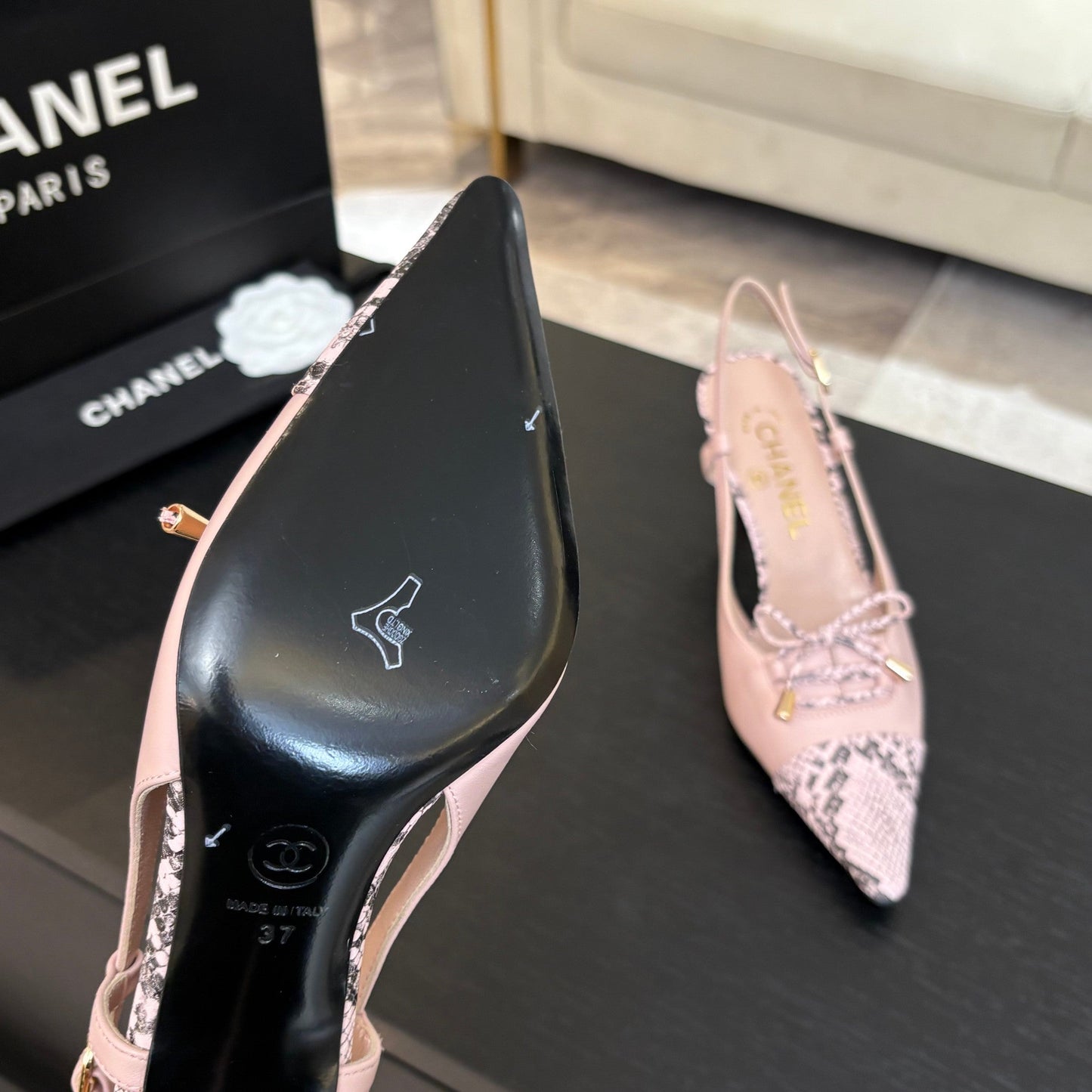 HIGH HEEL SLINGBACKS 65 MM IN BABY PINK WITH SNAKESKIN PATTERN LAMBSKIN - 35