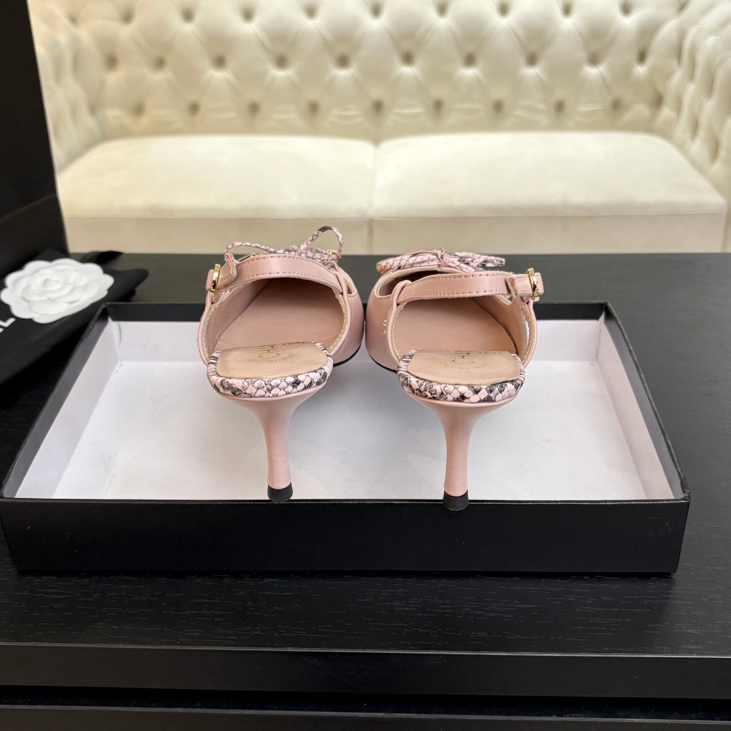 HIGH HEEL SLINGBACKS 65 MM IN BABY PINK WITH SNAKESKIN PATTERN LAMBSKIN - 35