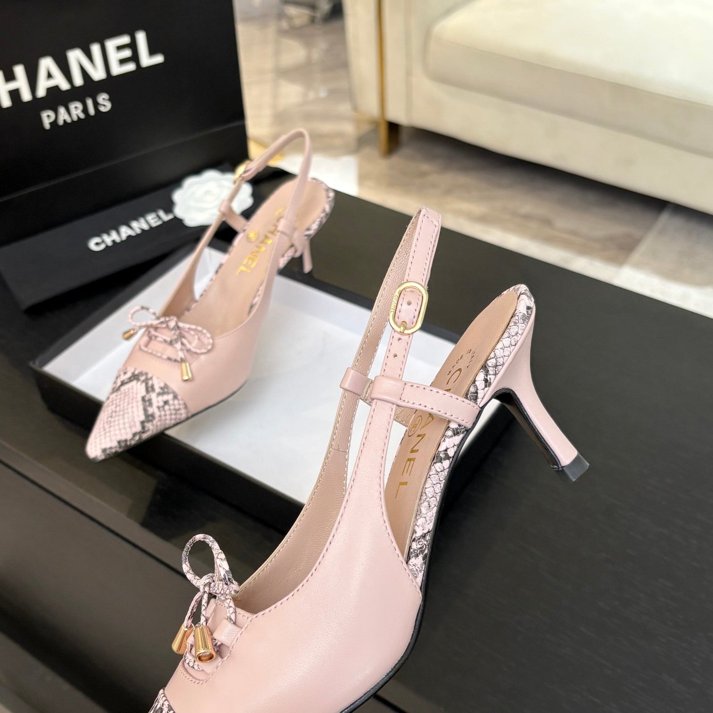 HIGH HEEL SLINGBACKS 65 MM IN BABY PINK WITH SNAKESKIN PATTERN LAMBSKIN - 35
