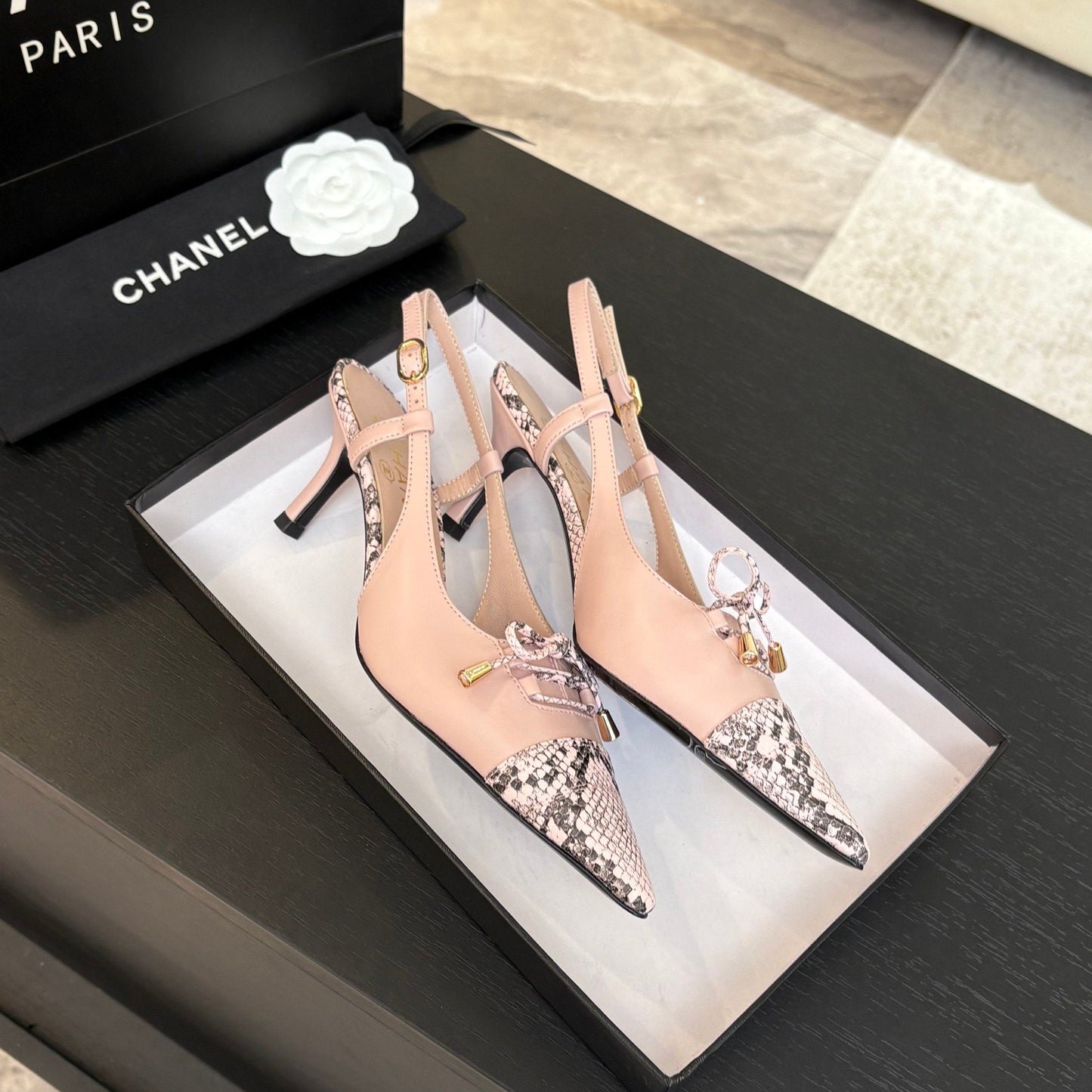 HIGH HEEL SLINGBACKS 65 MM IN BABY PINK WITH SNAKESKIN PATTERN LAMBSKIN - 35