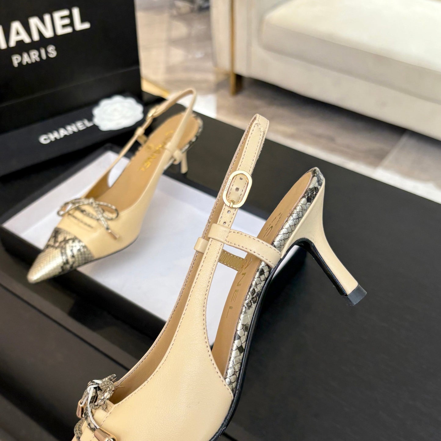 HIGH HEEL SLINGBACKS 65 MM IN FLAX YELLOW WITH SNAKESKIN PATTERN LAMBSKIN - 35