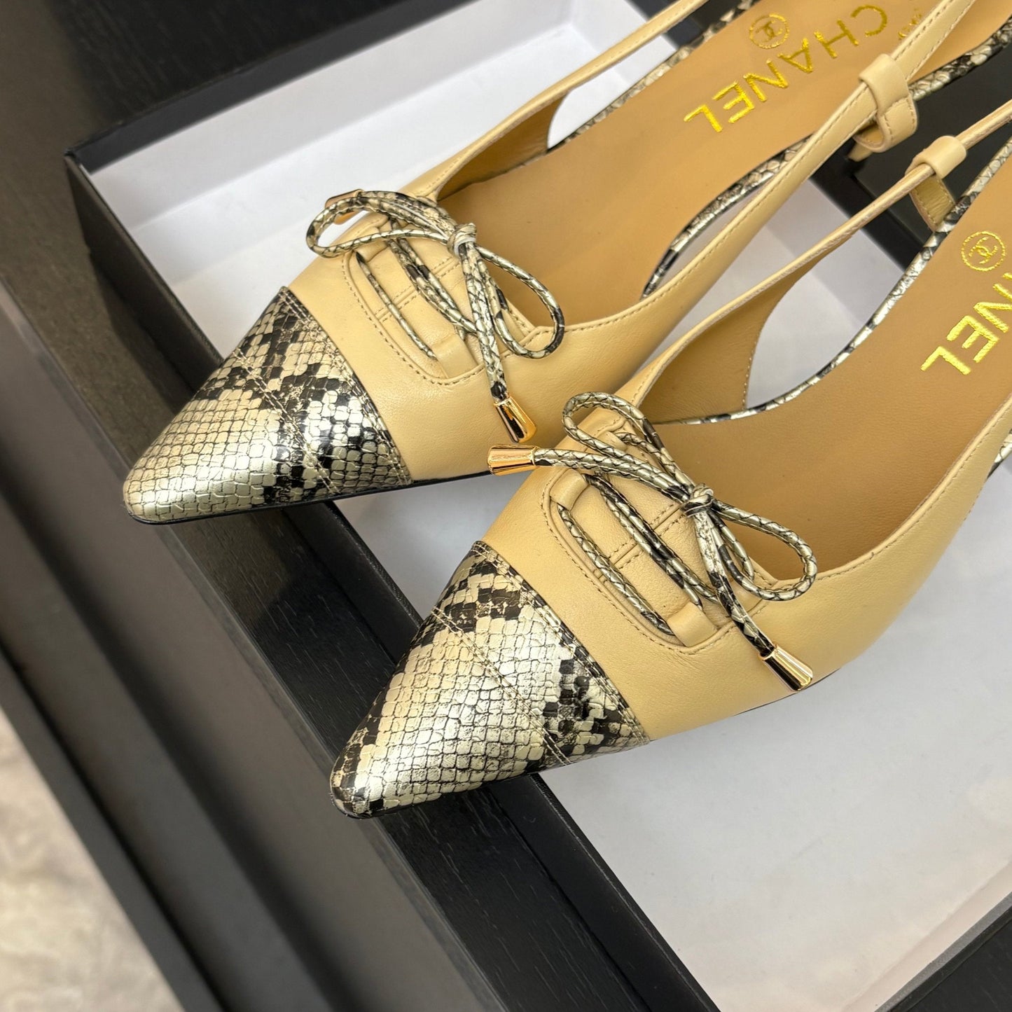 HIGH HEEL SLINGBACKS 65 MM IN FLAX YELLOW WITH SNAKESKIN PATTERN LAMBSKIN - 35
