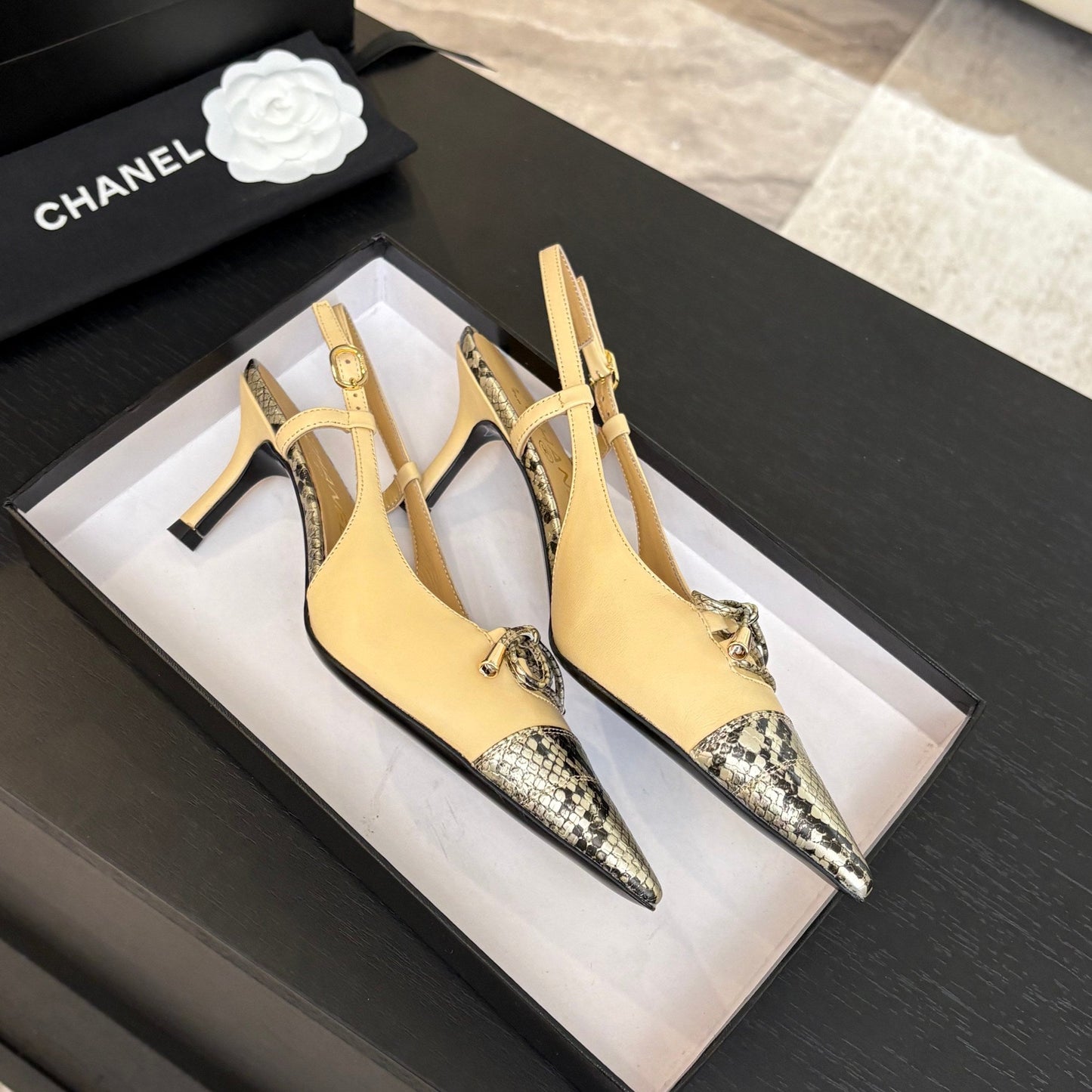 HIGH HEEL SLINGBACKS 65 MM IN FLAX YELLOW WITH SNAKESKIN PATTERN LAMBSKIN - 35