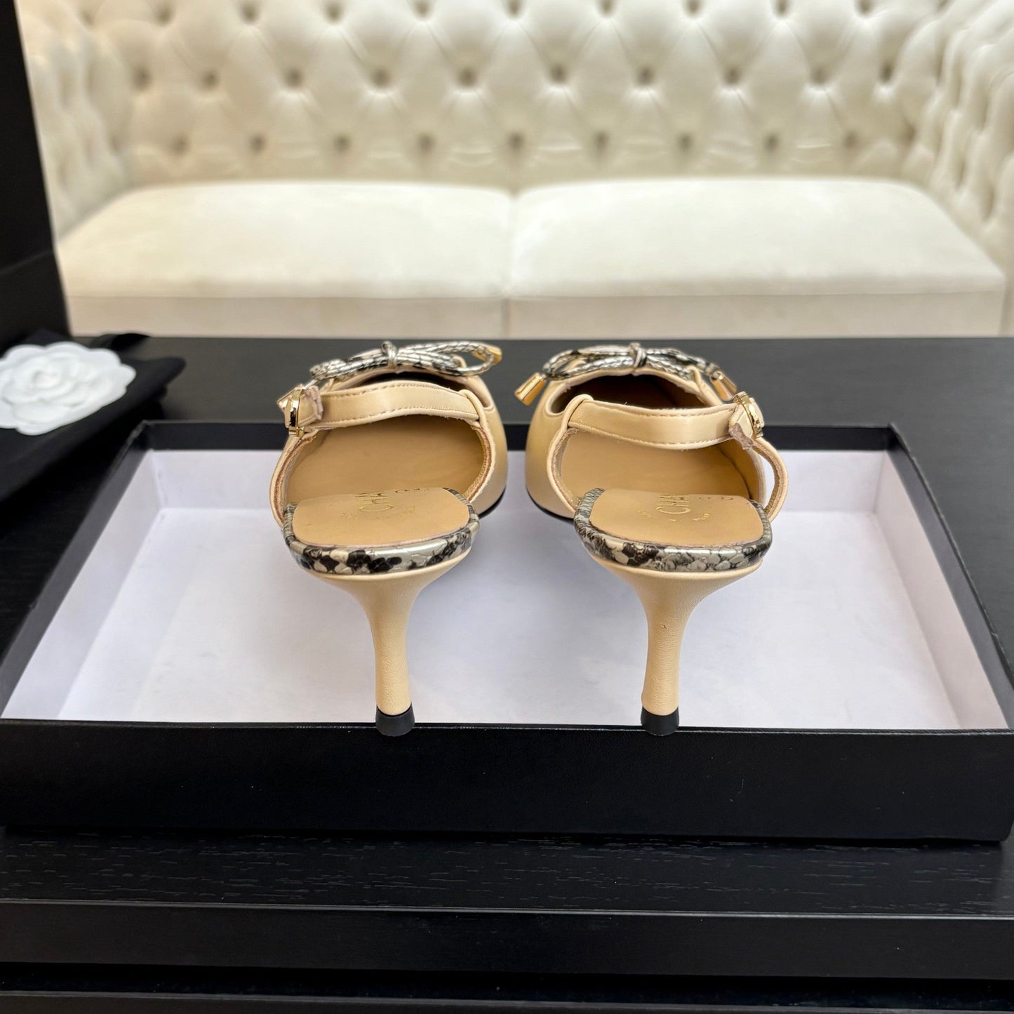 HIGH HEEL SLINGBACKS 65 MM IN FLAX YELLOW WITH SNAKESKIN PATTERN LAMBSKIN - 35