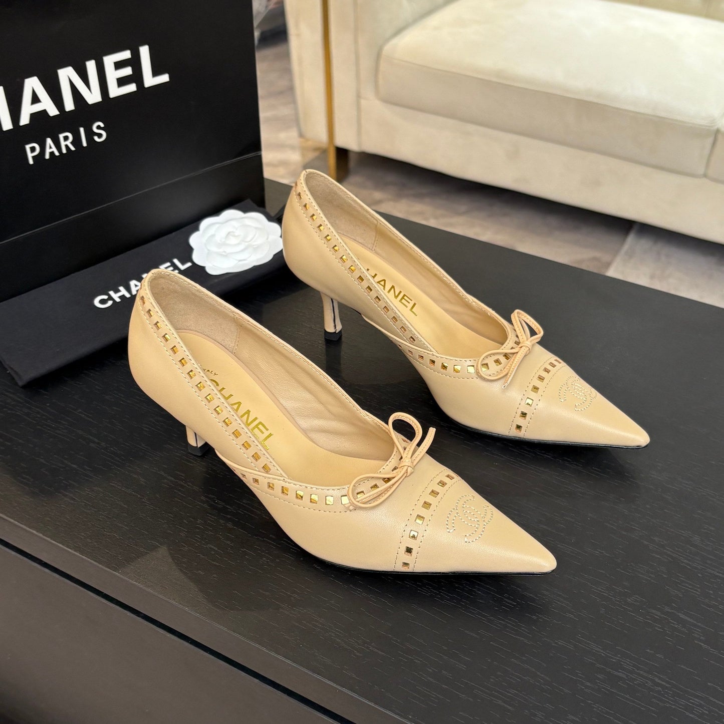 HIGH HEEL PUMP 65 MM IN FLAX YELLOW LAMBSKIN - 35