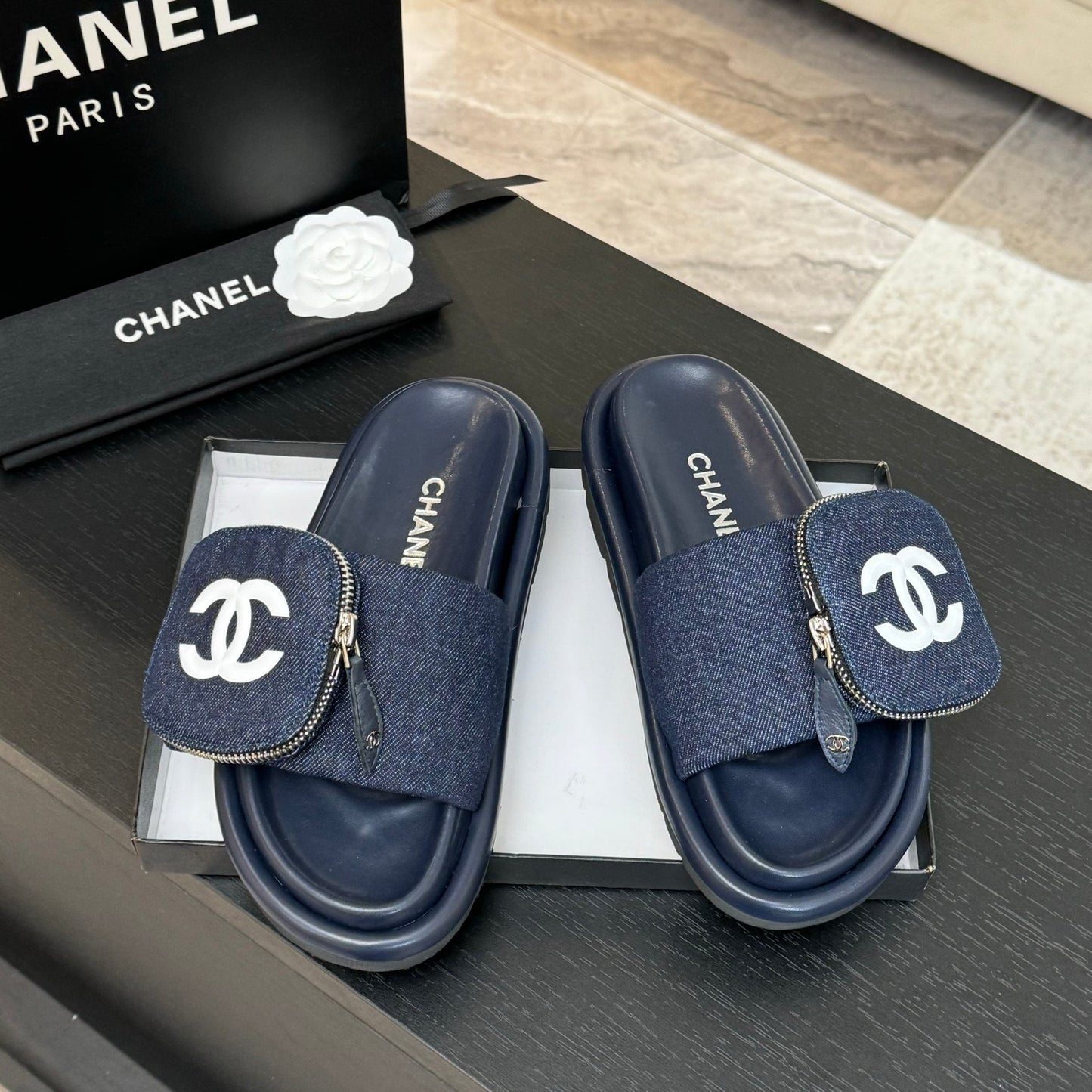 SLIDE IN NAVY BLUE DENIM FABRIC 45 MM - 35