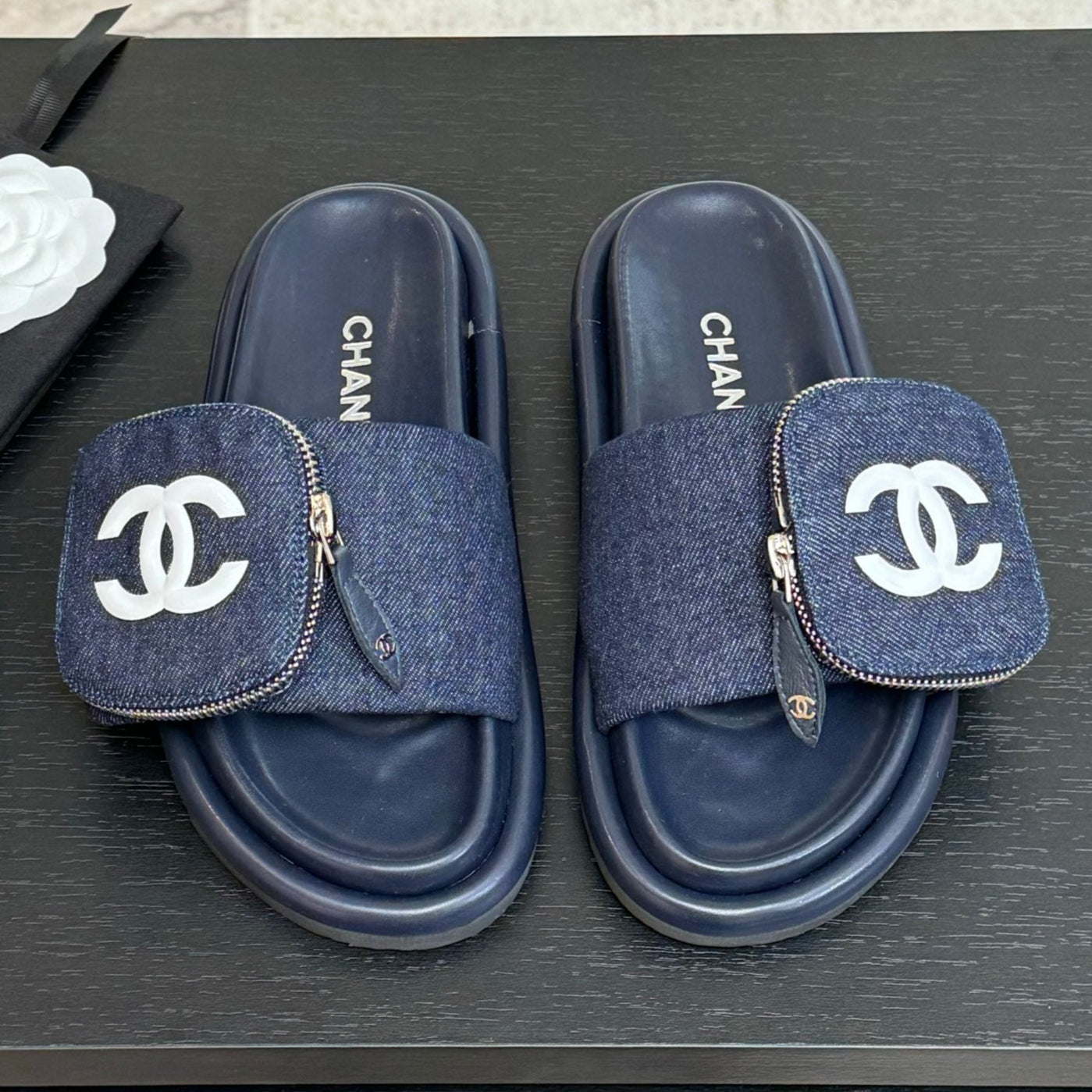SLIDE IN NAVY BLUE DENIM FABRIC 45 MM - 35