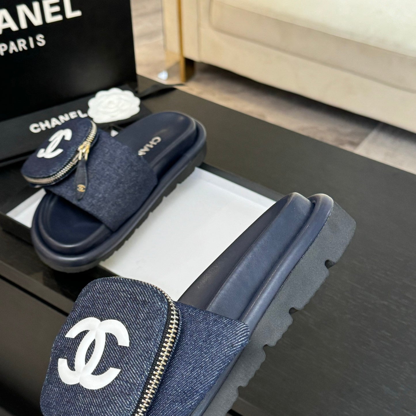 SLIDE IN NAVY BLUE DENIM FABRIC 45 MM - 35