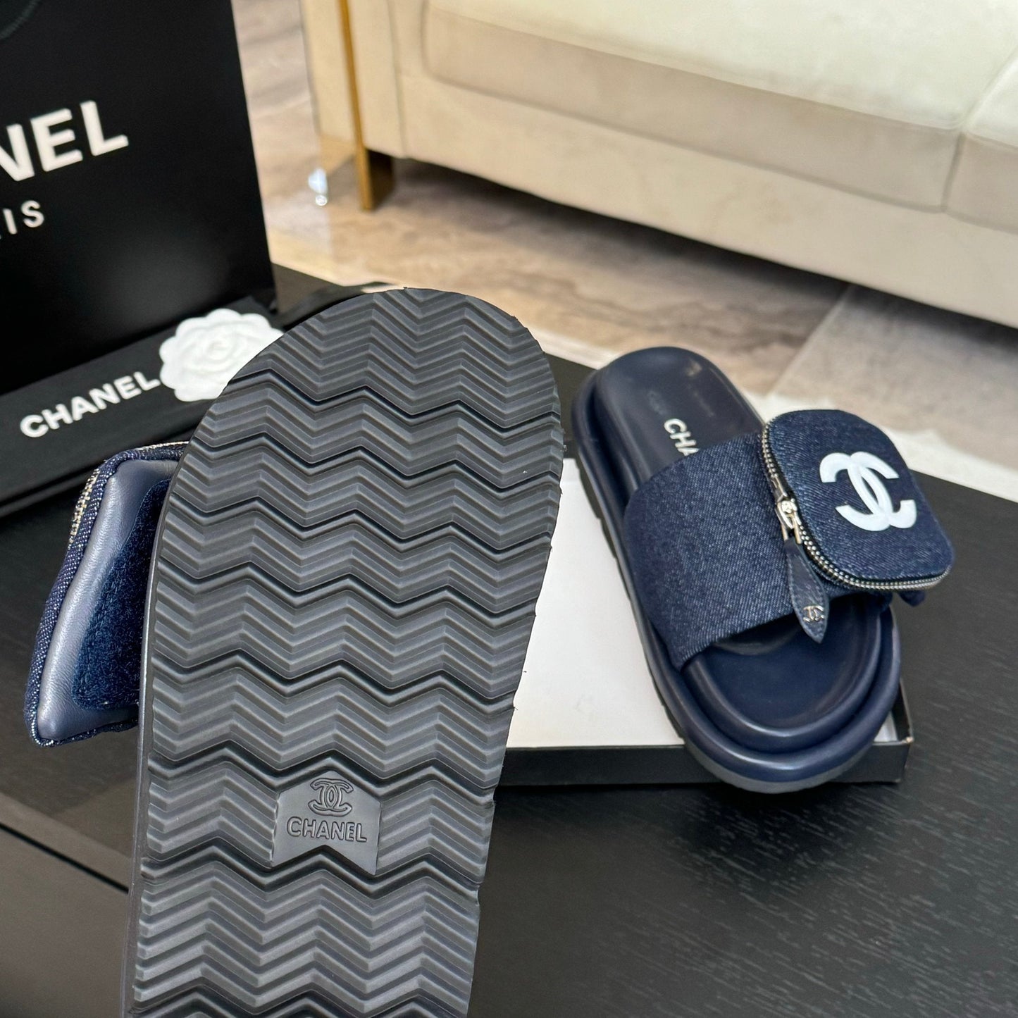 SLIDE IN NAVY BLUE DENIM FABRIC 45 MM - 35