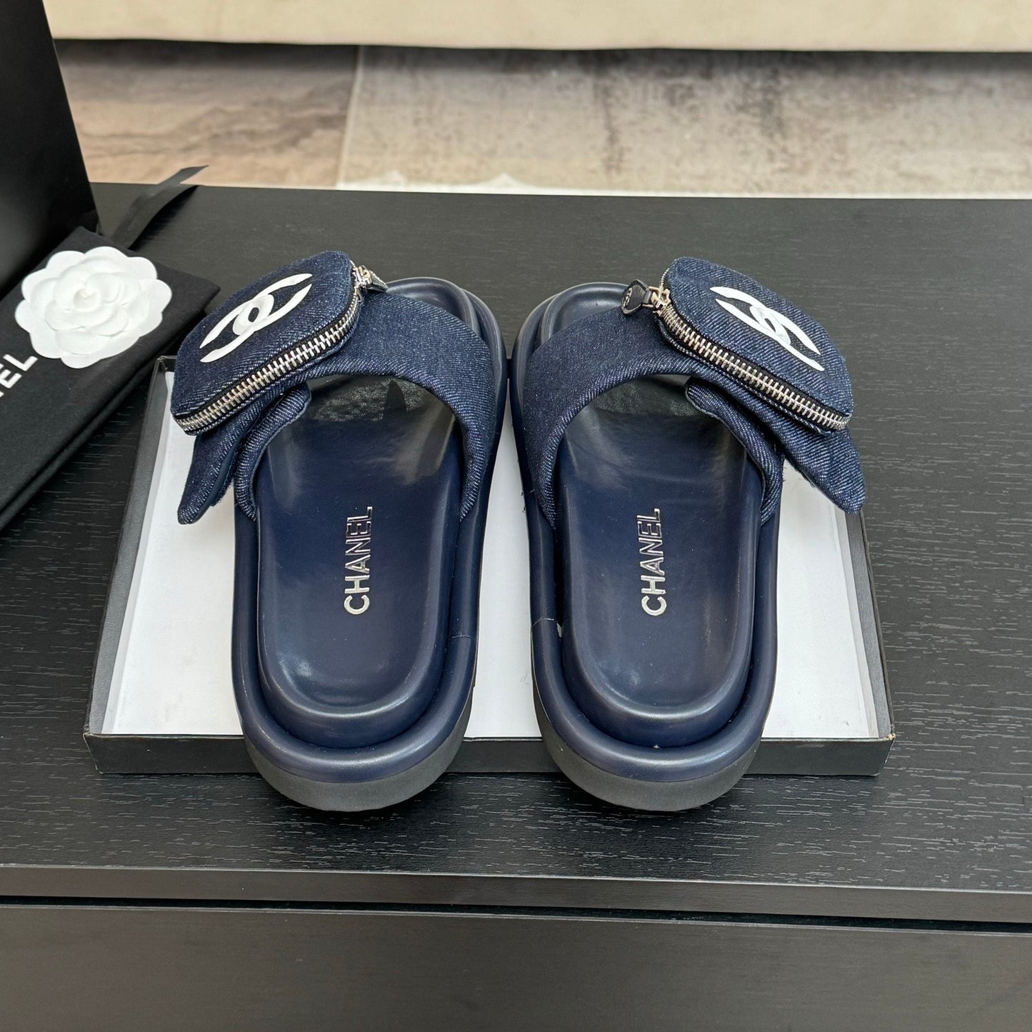 SLIDE IN NAVY BLUE DENIM FABRIC 45 MM - 35