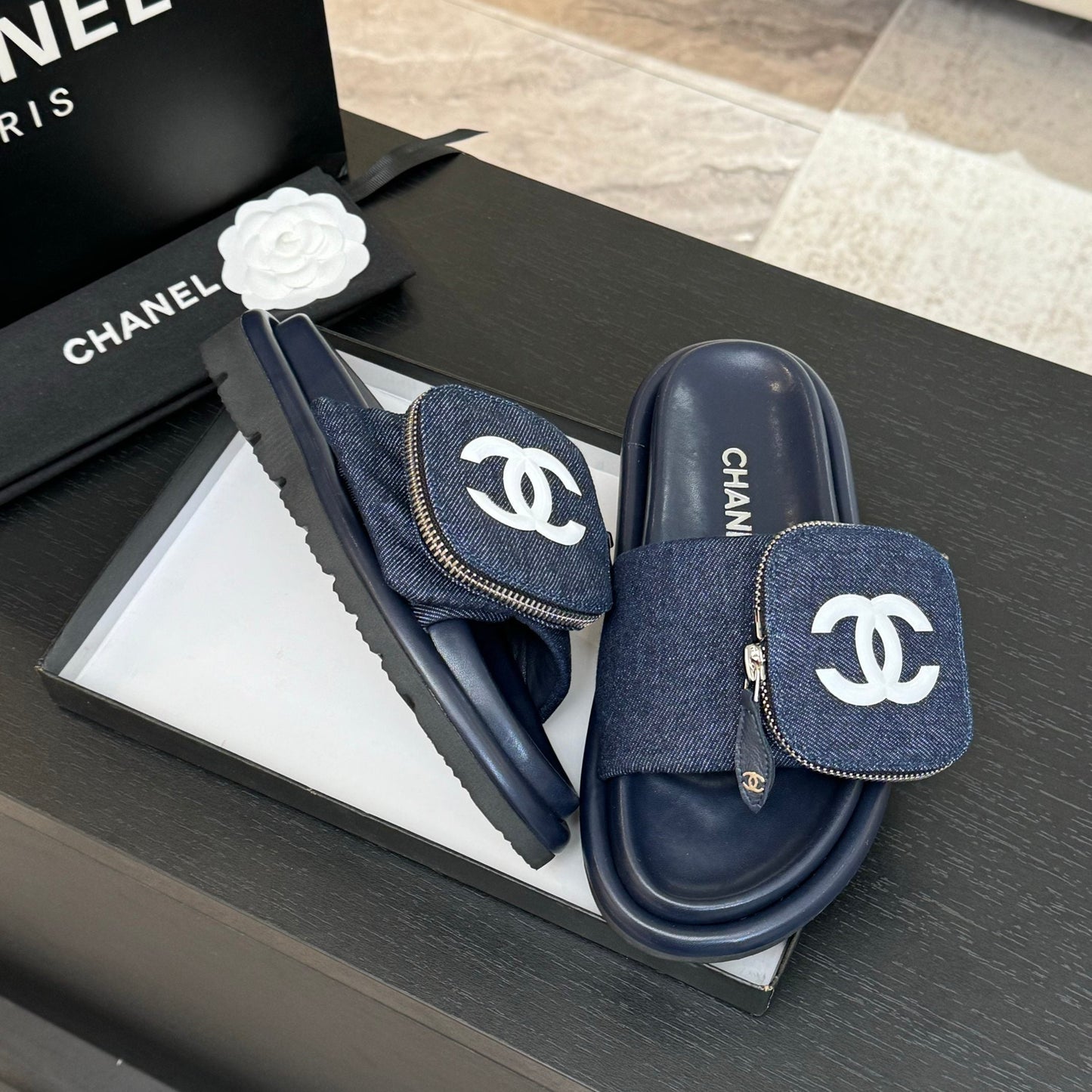 SLIDE IN NAVY BLUE DENIM FABRIC 45 MM - 35