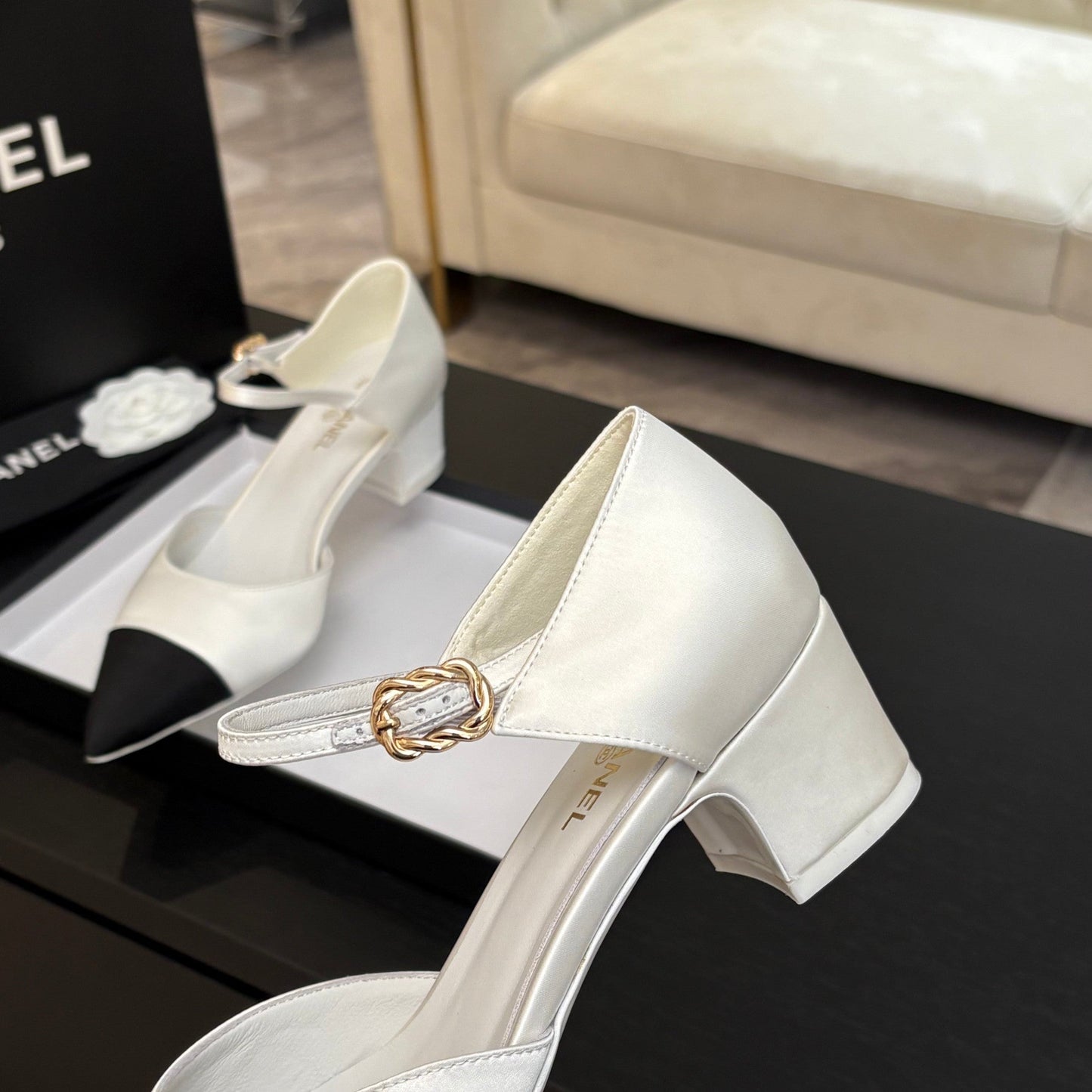 BLOCK HEEL SLINGBACKS IN WHITE MIX BLACK SILK FABRIC - 35
