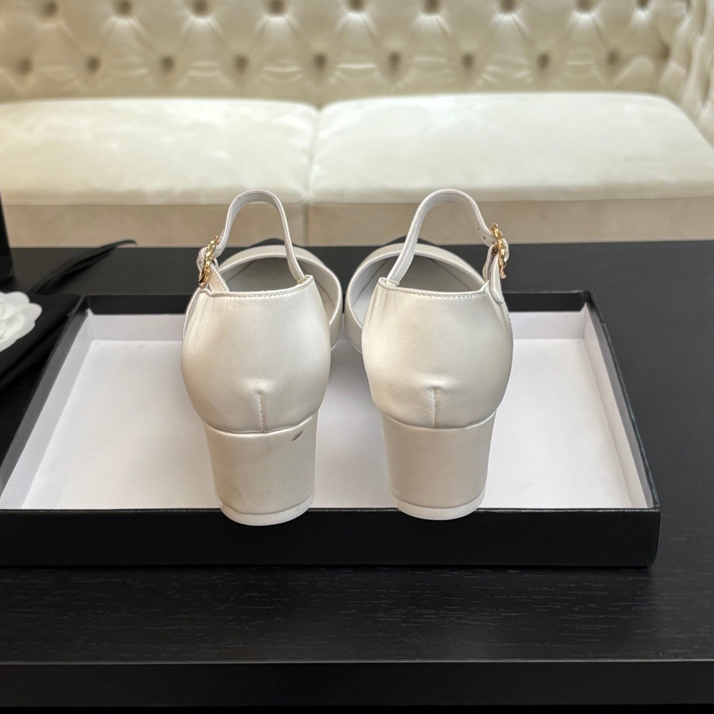 BLOCK HEEL SLINGBACKS IN WHITE MIX BLACK SILK FABRIC - 35