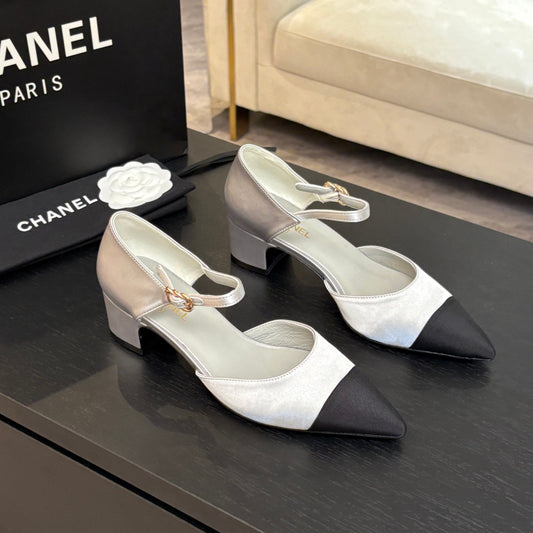 BLOCK HEEL SLINGBACKS IN SILVER MIX BLACK SILK FABRIC - 35