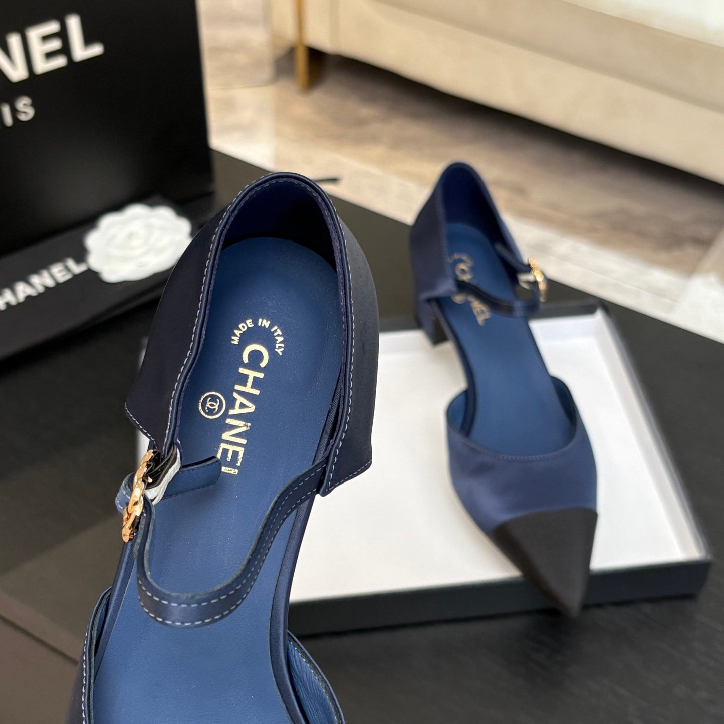 BLOCK HEEL SLINGBACKS IN NAVY BLUE MIX BLACK SILK FABRIC - 35