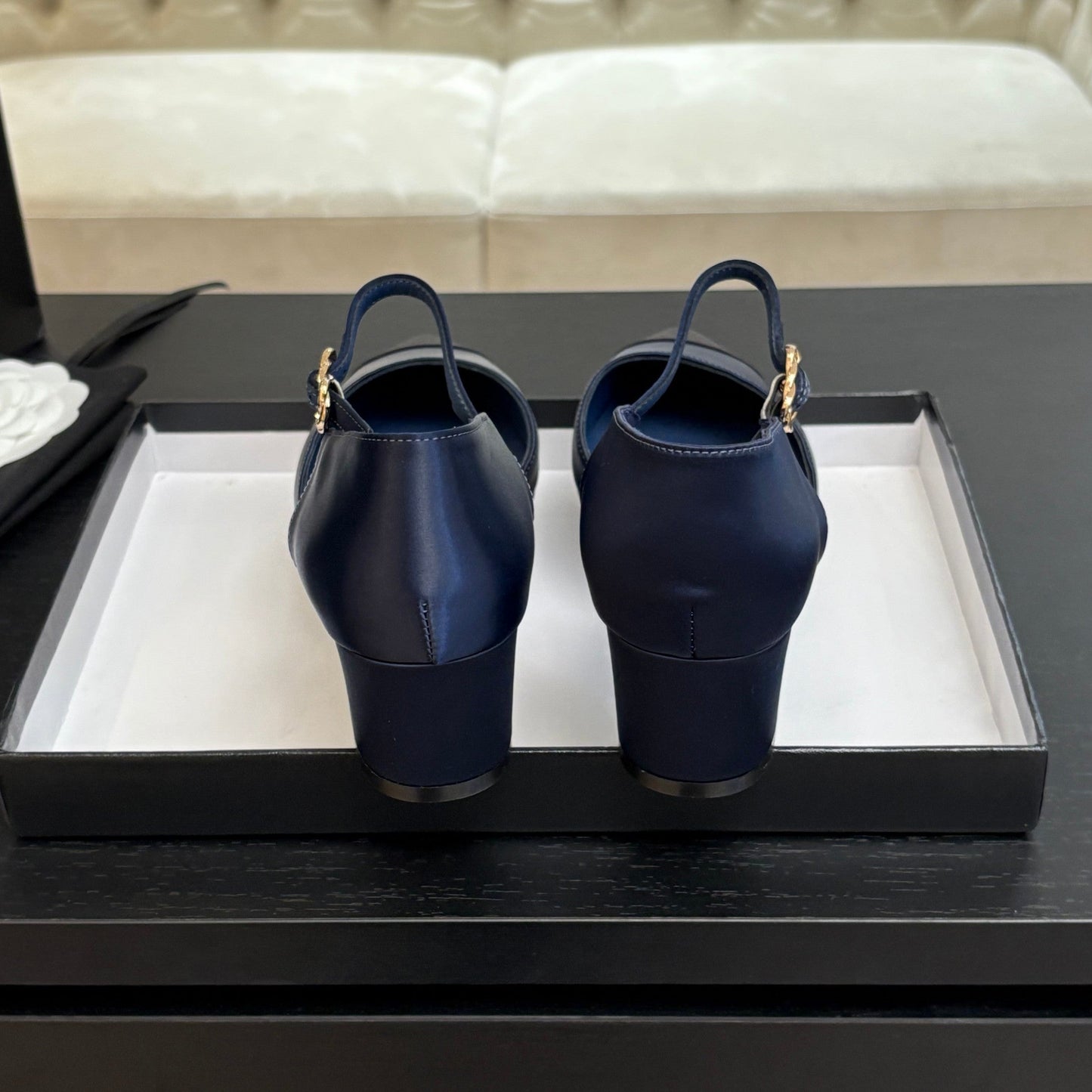 BLOCK HEEL SLINGBACKS IN NAVY BLUE MIX BLACK SILK FABRIC - 35