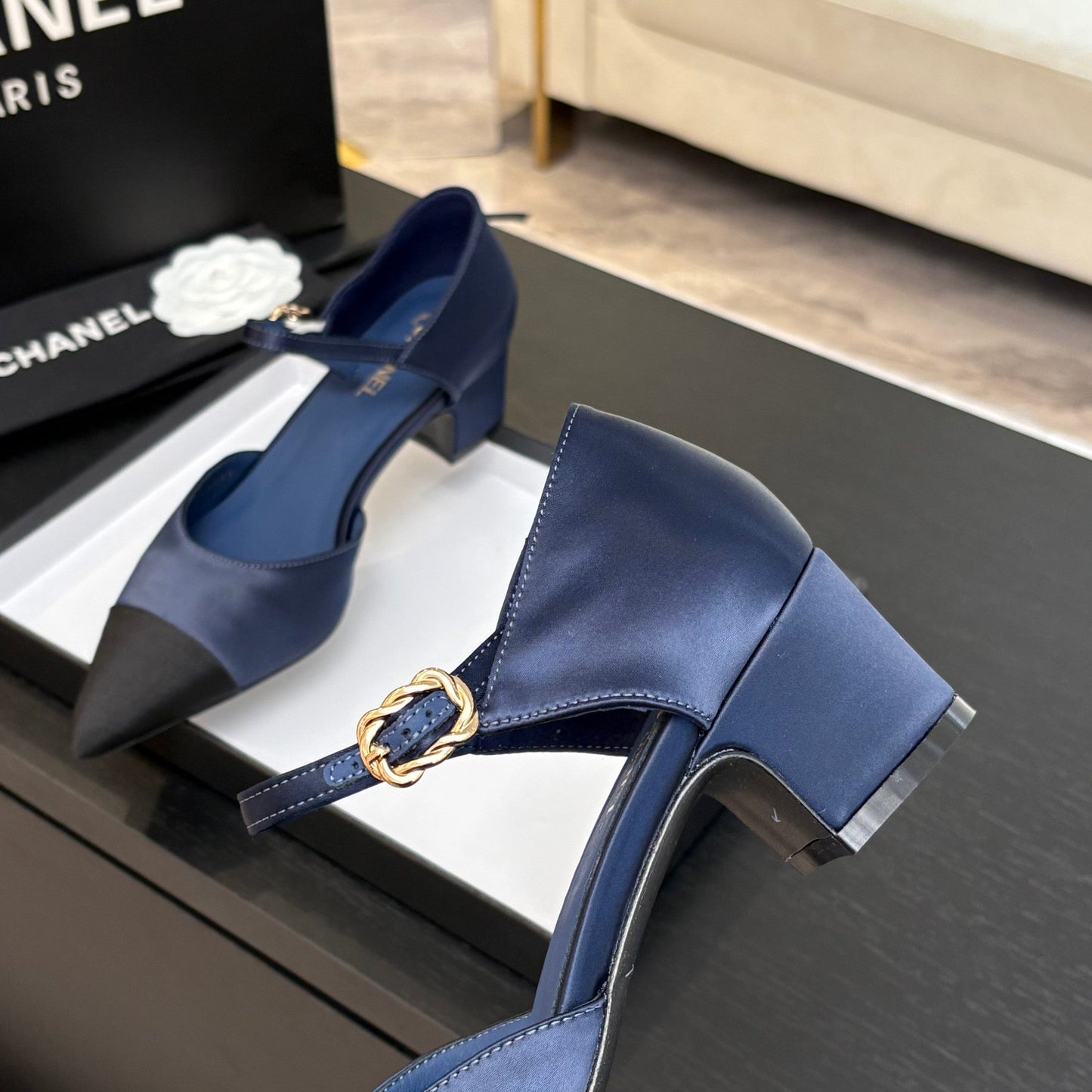 BLOCK HEEL SLINGBACKS IN NAVY BLUE MIX BLACK SILK FABRIC - 35