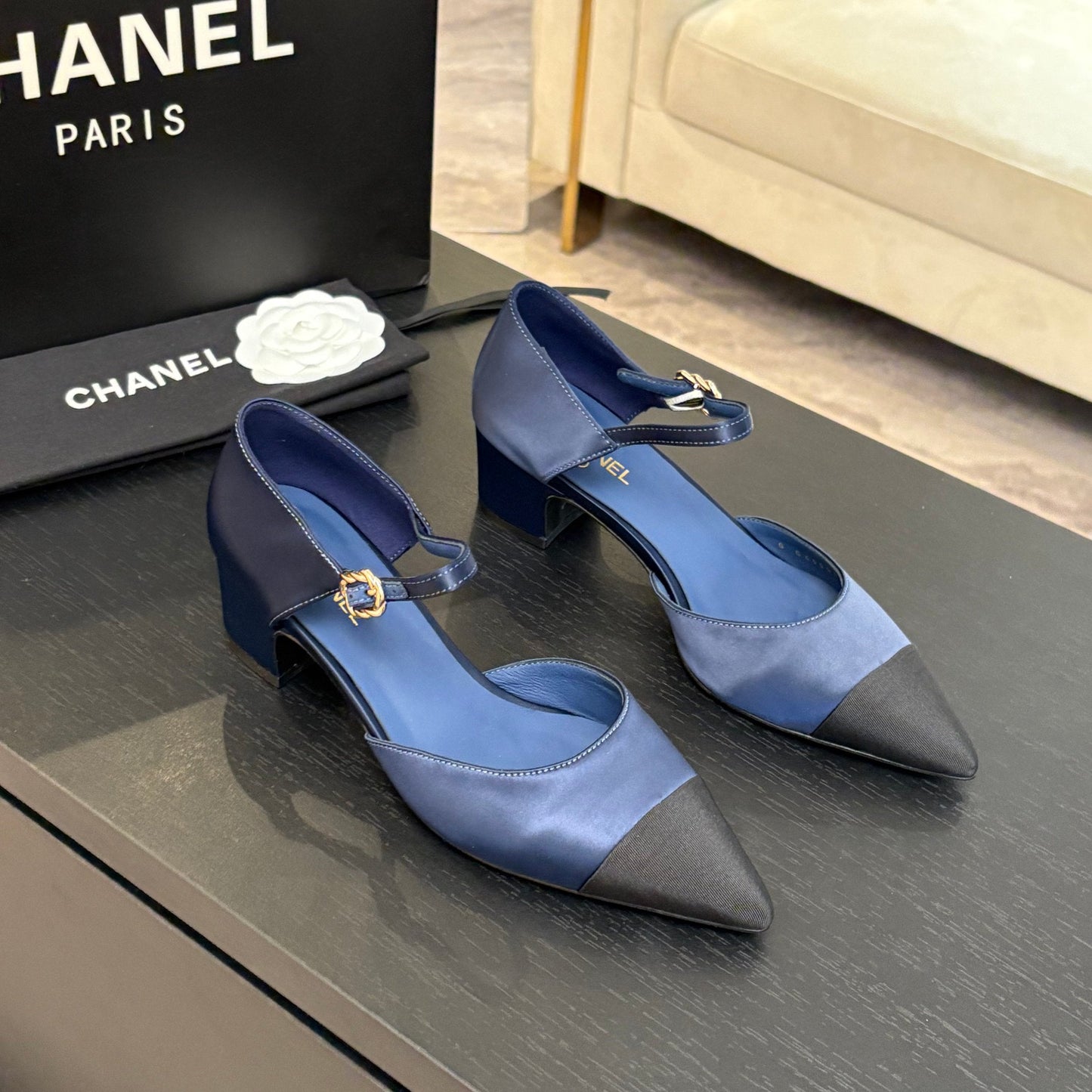 BLOCK HEEL SLINGBACKS IN NAVY BLUE MIX BLACK SILK FABRIC - 35