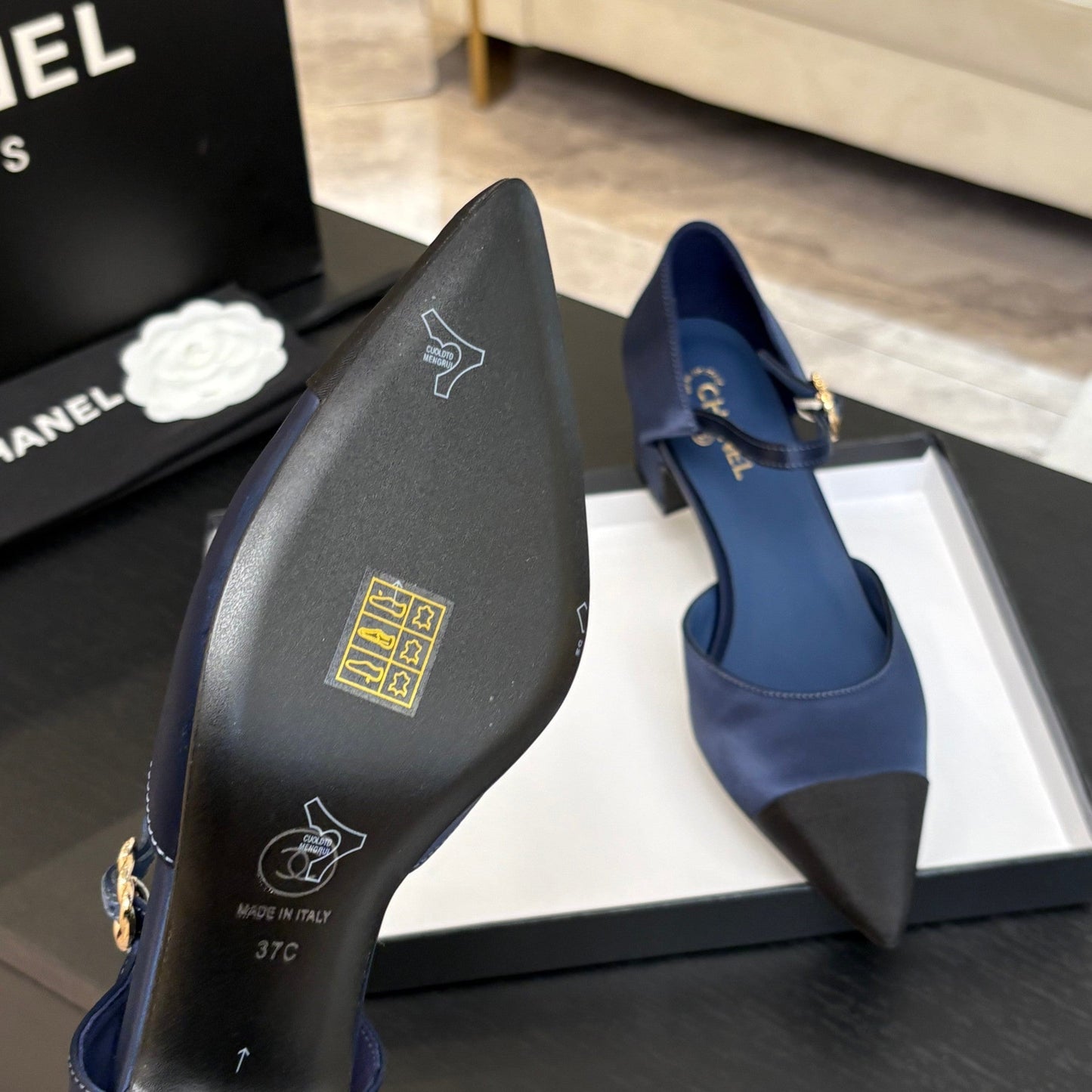 BLOCK HEEL SLINGBACKS IN NAVY BLUE MIX BLACK SILK FABRIC - 35