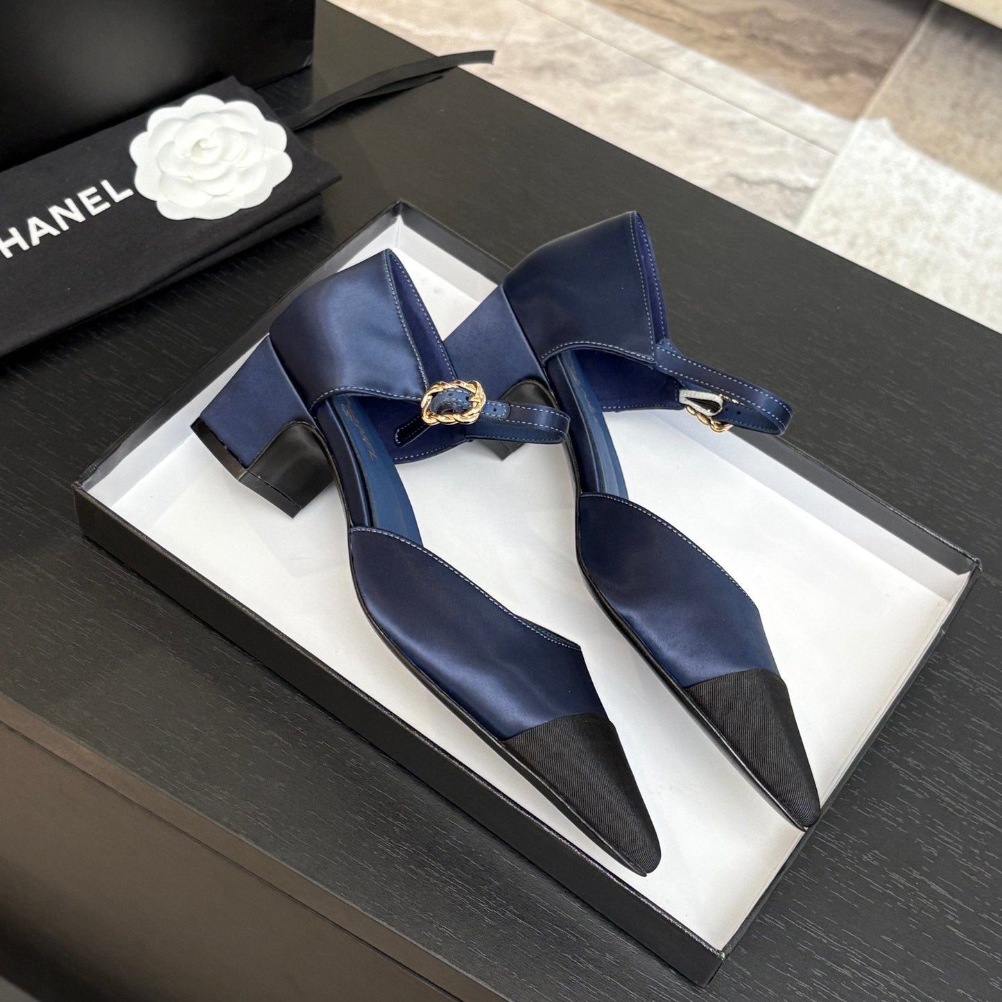 BLOCK HEEL SLINGBACKS IN NAVY BLUE MIX BLACK SILK FABRIC - 35