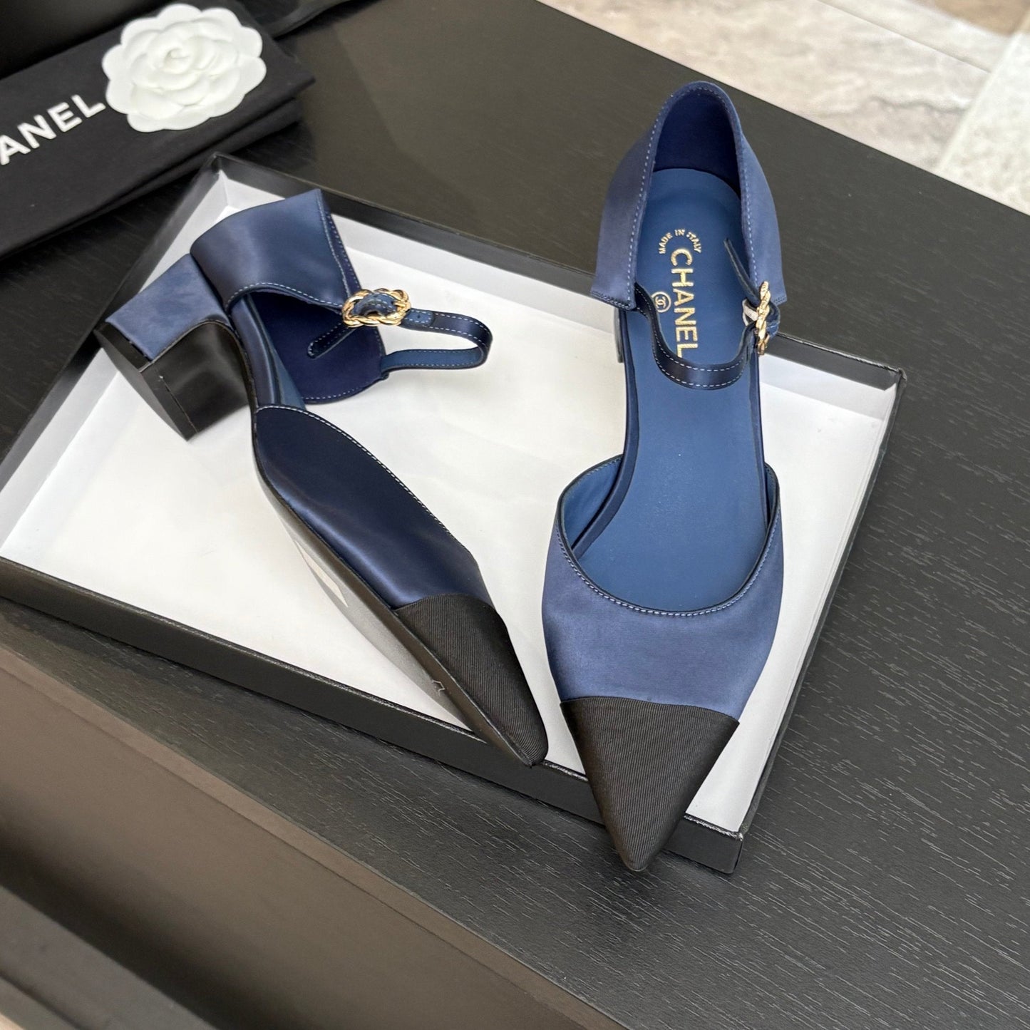 BLOCK HEEL SLINGBACKS IN NAVY BLUE MIX BLACK SILK FABRIC - 35