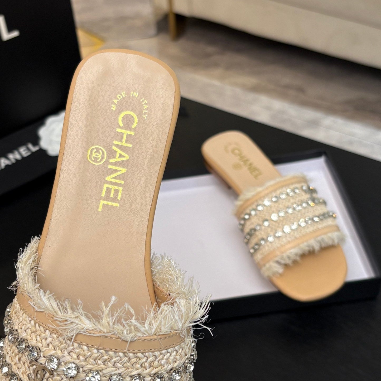 FLAT SANDALS BEIGE MIX LIGHT ORANGE WITH CRYSTALS - 35