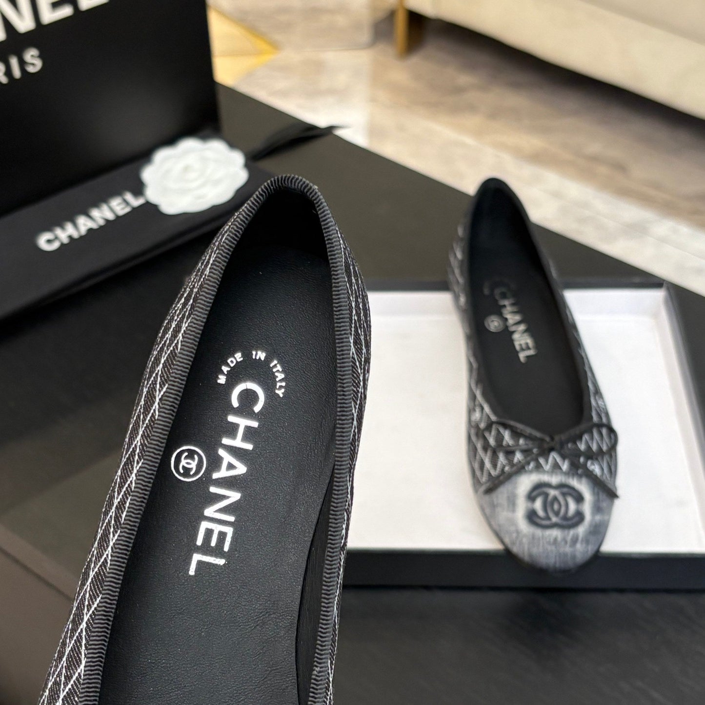 BALLET FLATS IN CHARCOAL BLACK MONOGRAM DENIM - 35