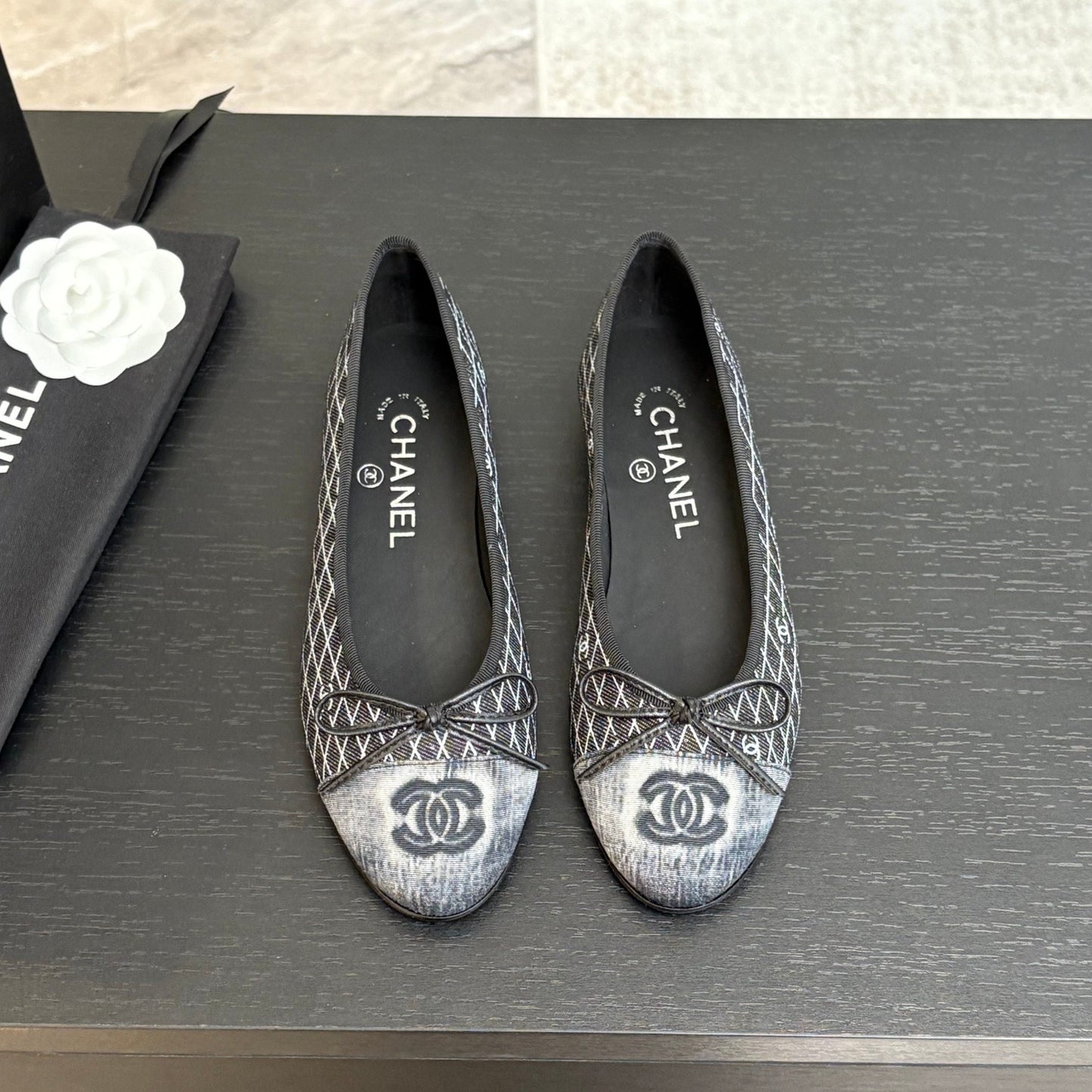 BALLET FLATS IN CHARCOAL BLACK MONOGRAM DENIM - 35