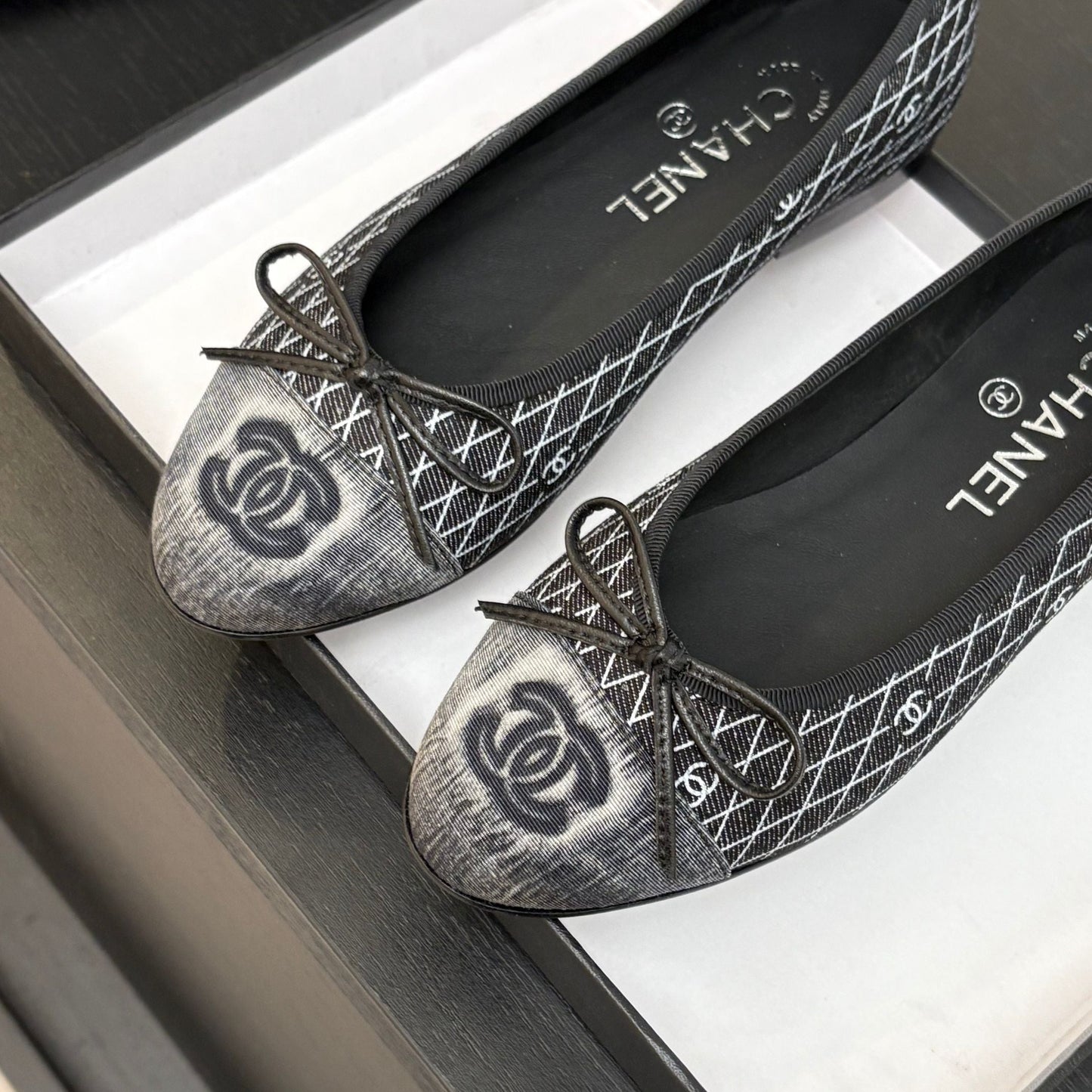 BALLET FLATS IN CHARCOAL BLACK MONOGRAM DENIM - 35