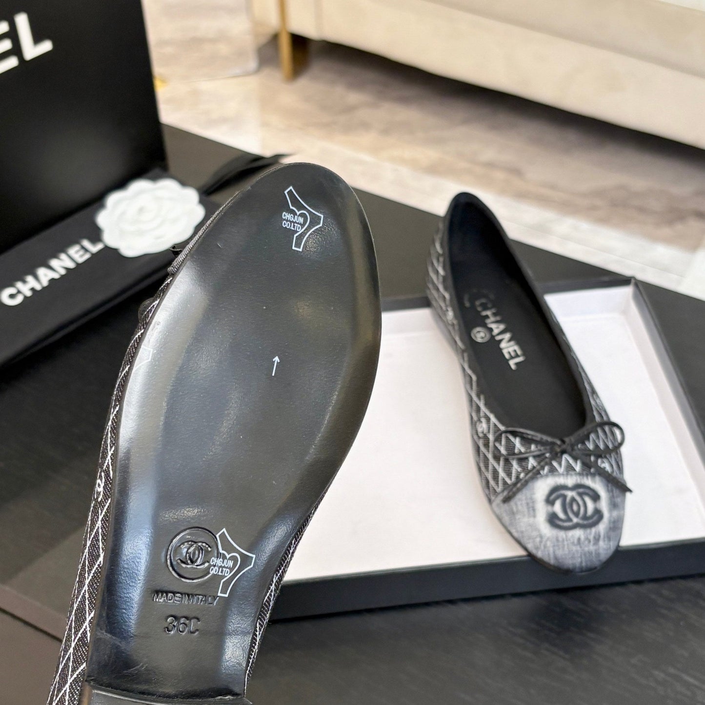 BALLET FLATS IN CHARCOAL BLACK MONOGRAM DENIM - 35