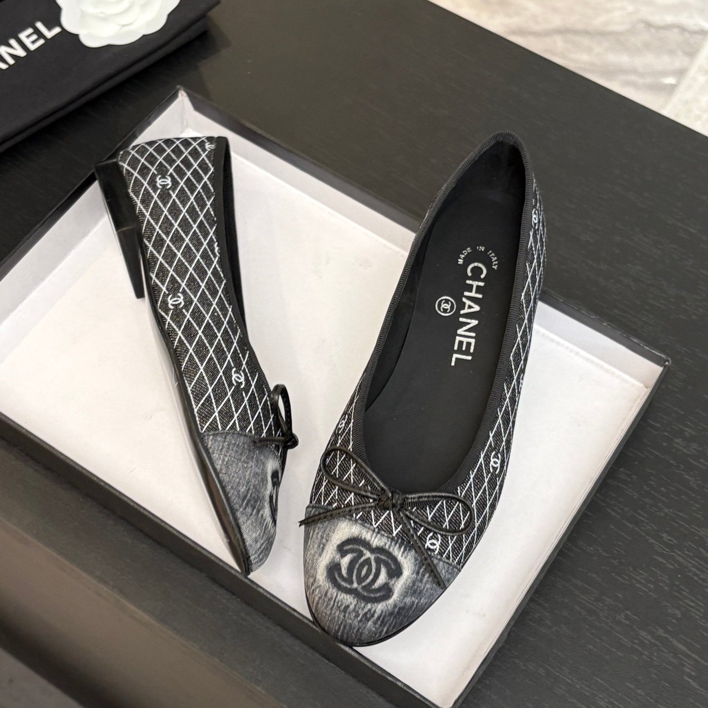 BALLET FLATS IN CHARCOAL BLACK MONOGRAM DENIM - 35