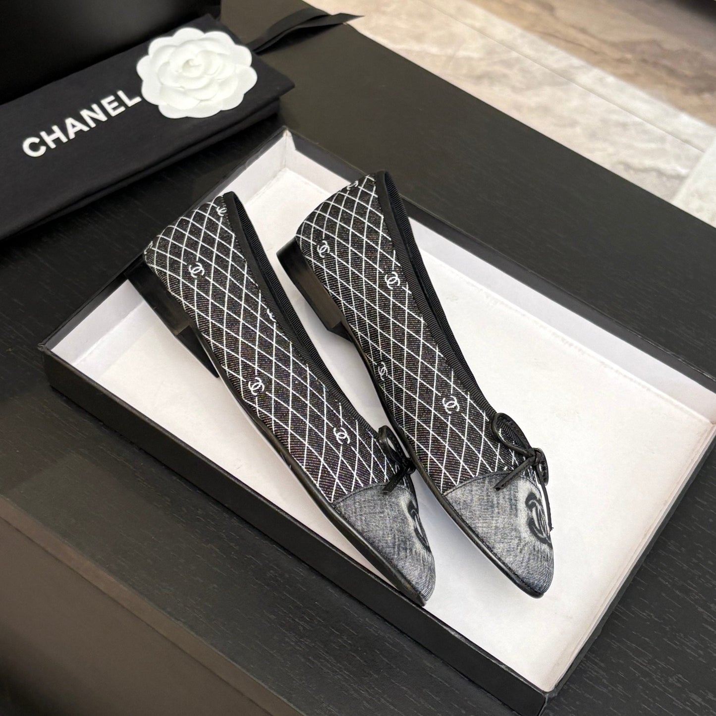 BALLET FLATS IN CHARCOAL BLACK MONOGRAM DENIM - 35