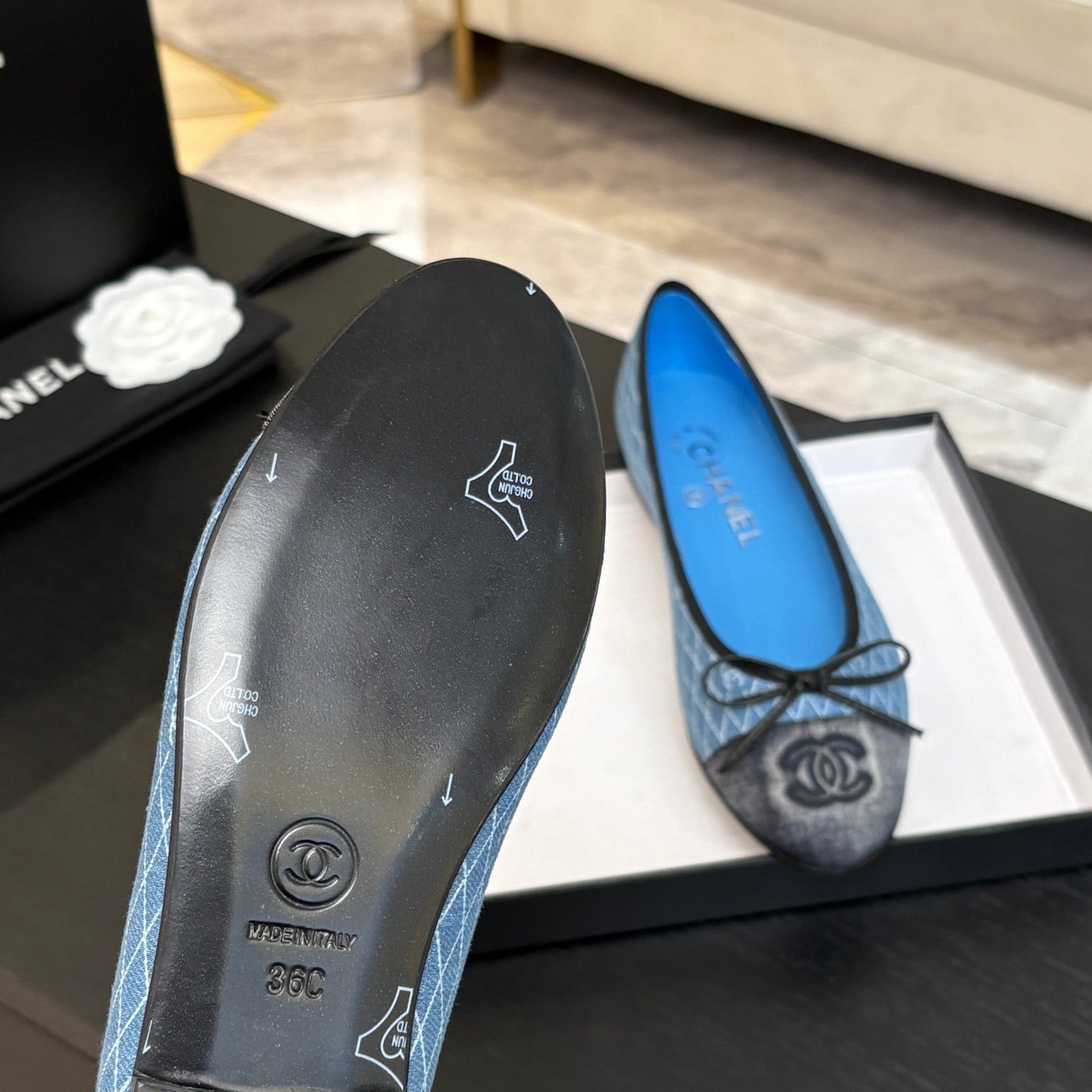 BALLET FLATS IN LIGHT BLUE MIX BLACK MONOGRAM DENIM - 35