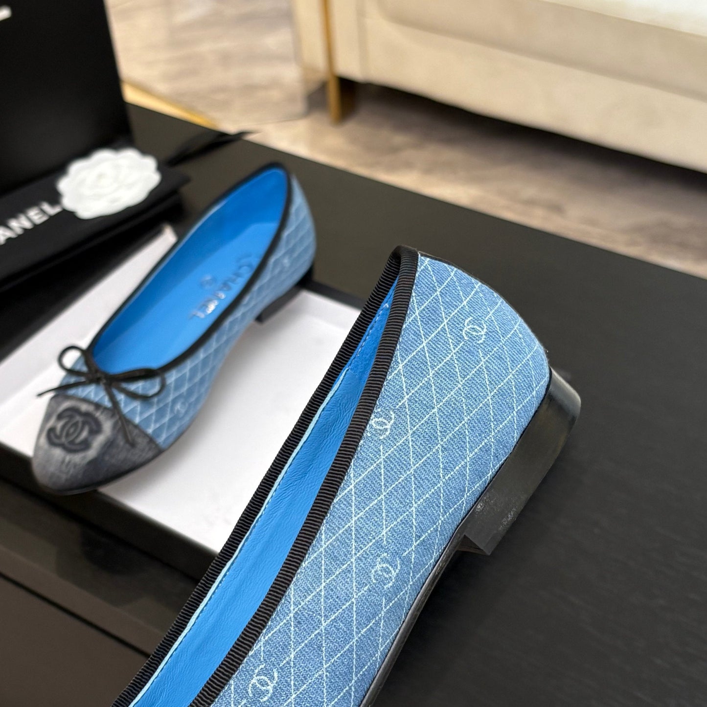 BALLET FLATS IN LIGHT BLUE MIX BLACK MONOGRAM DENIM - 35