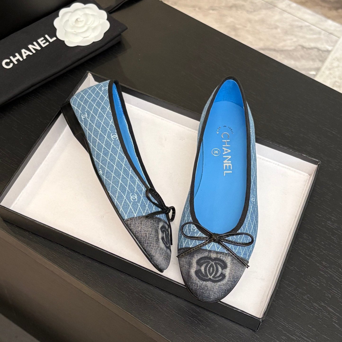 BALLET FLATS IN LIGHT BLUE MIX BLACK MONOGRAM DENIM - 35