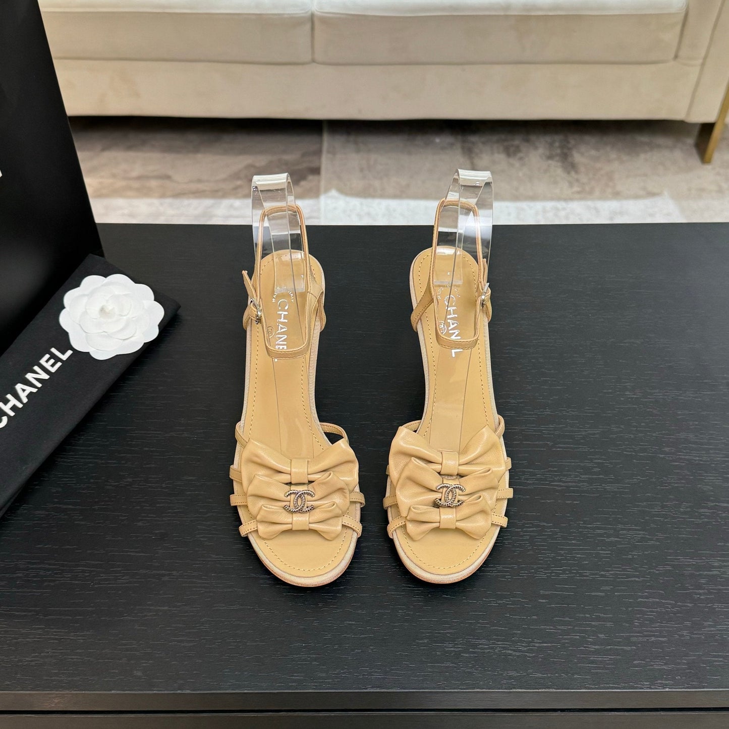 HIGH HEEL SANDAL WITH BOW IN BEIGE LAMBSKIN - 35
