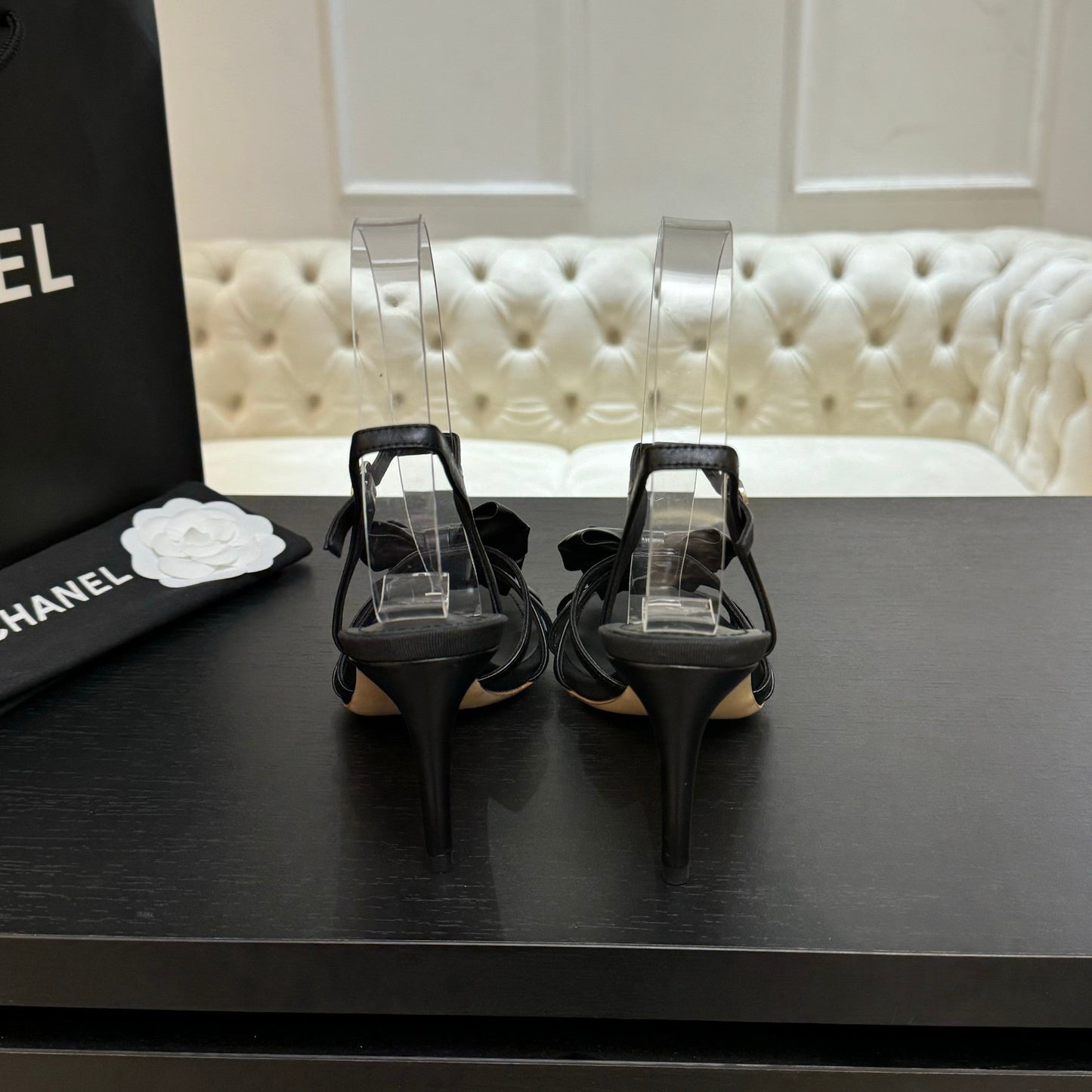 HIGH HEEL SANDAL WITH BOW IN BLACK LAMBSKIN - 35