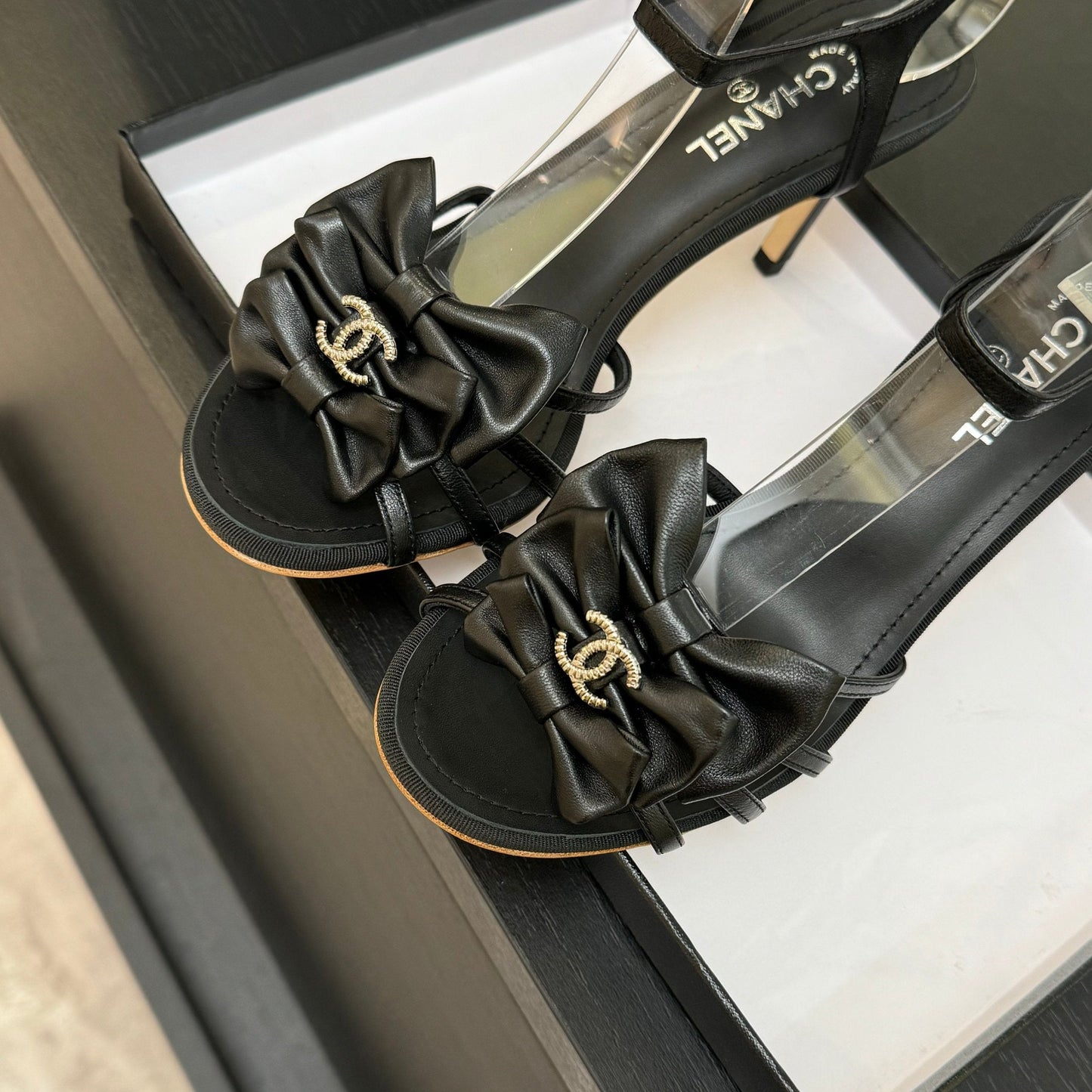 HIGH HEEL SANDAL WITH BOW IN BLACK LAMBSKIN - 35