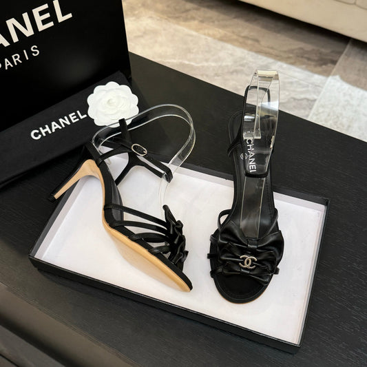 HIGH HEEL SANDAL WITH BOW IN BLACK LAMBSKIN - 35
