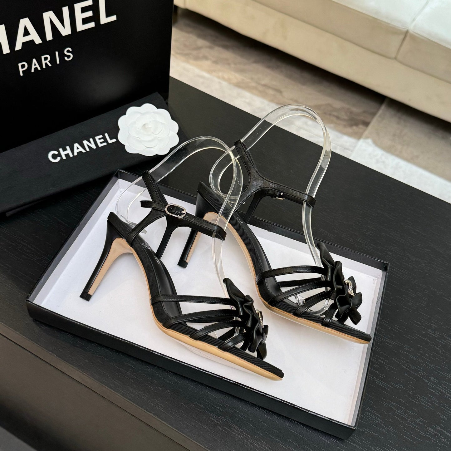HIGH HEEL SANDAL WITH BOW IN BLACK LAMBSKIN - 35