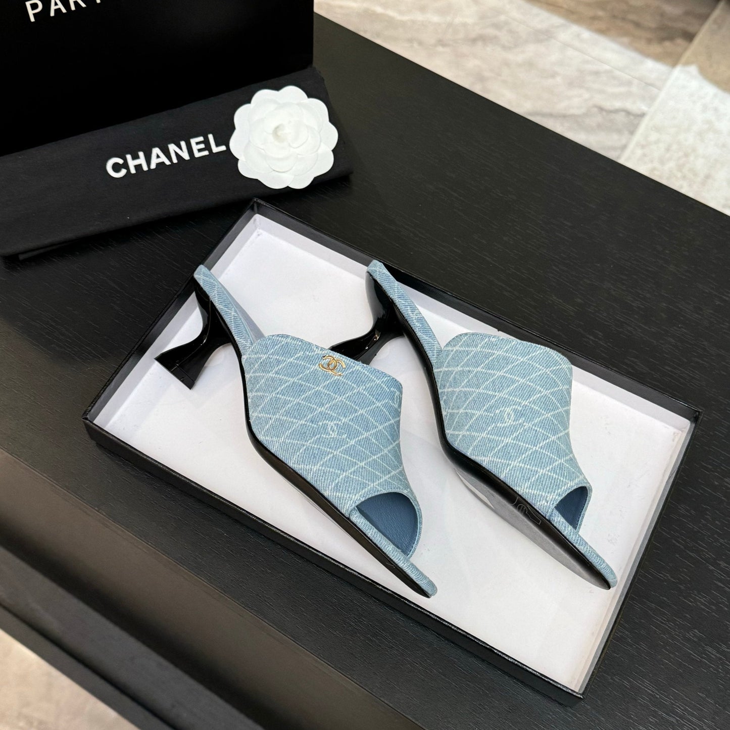 PEEP TOE MULE 55MM IN SKY BLUE DENIM CHECKERED AND LOGO - 35
