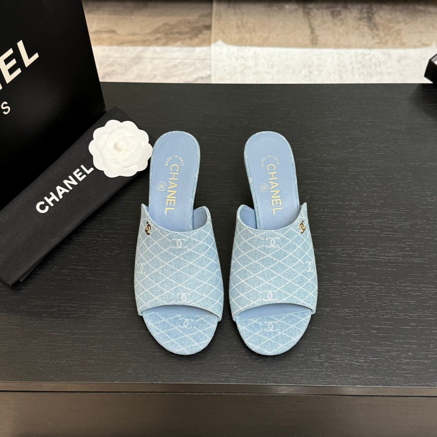 PEEP TOE MULE 55MM IN SKY BLUE DENIM CHECKERED AND LOGO - 35